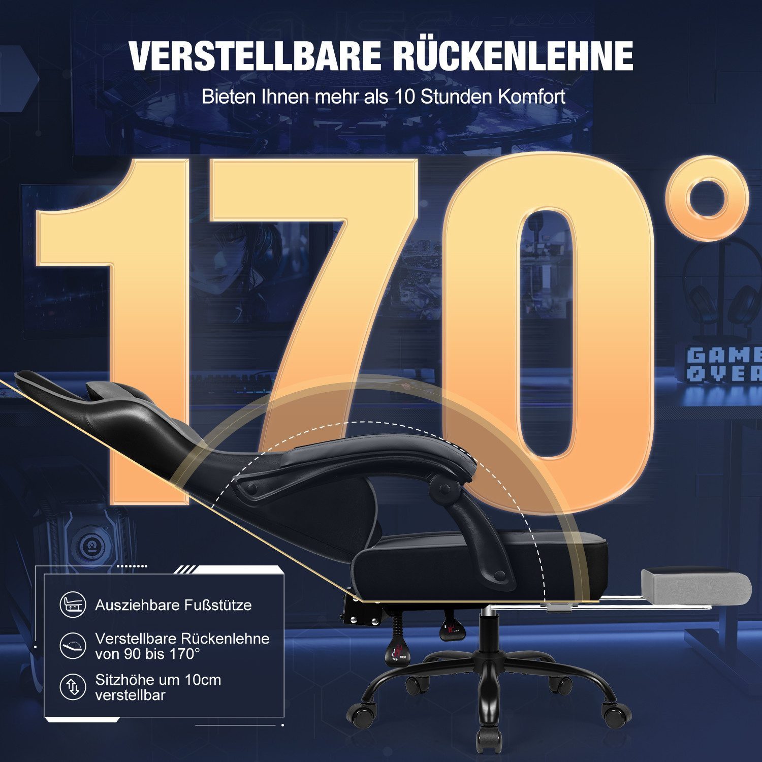 Hiazurm Gaming-Stuhl Gaming Stuhl Chair Gamer Sessel - Ergonomischer Gamer Stuhl (Tragkraft 150 Kg), Gamingstuhl mit Fußstütze Kopfstütze und Lordosenstütz PC Sessel
