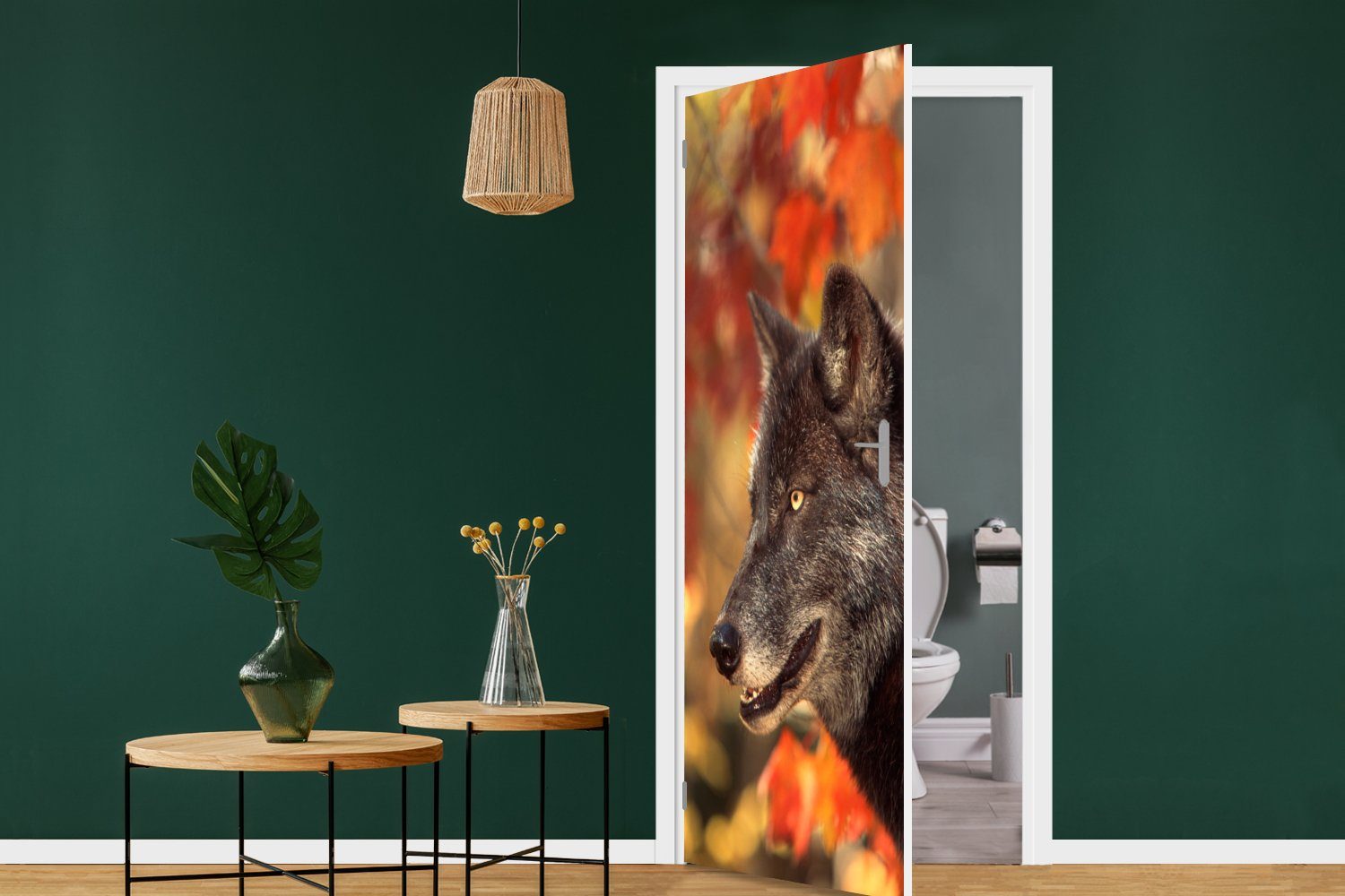 Tür, 75x205 - MuchoWow Türtapete Türaufkleber, St), (1 bedruckt, Wolf Nahaufnahme Blätter, für cm Fototapete Matt, -