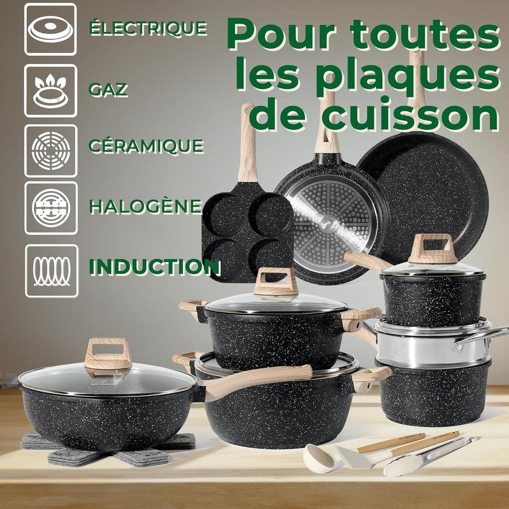 Just Perfecto Kochtopf Just Perfecto 21-teiliges Granit-Kochgeschirr-Set Schwarz, Kochtopfset Granitoptik