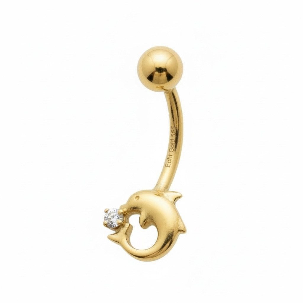 Karisma Schmuck Bauchnabelpiercing Echt Gold 585/14 Karat Bananabell Bauchnabel Delfine Gelbgold BG14K203, Stempel 14K
