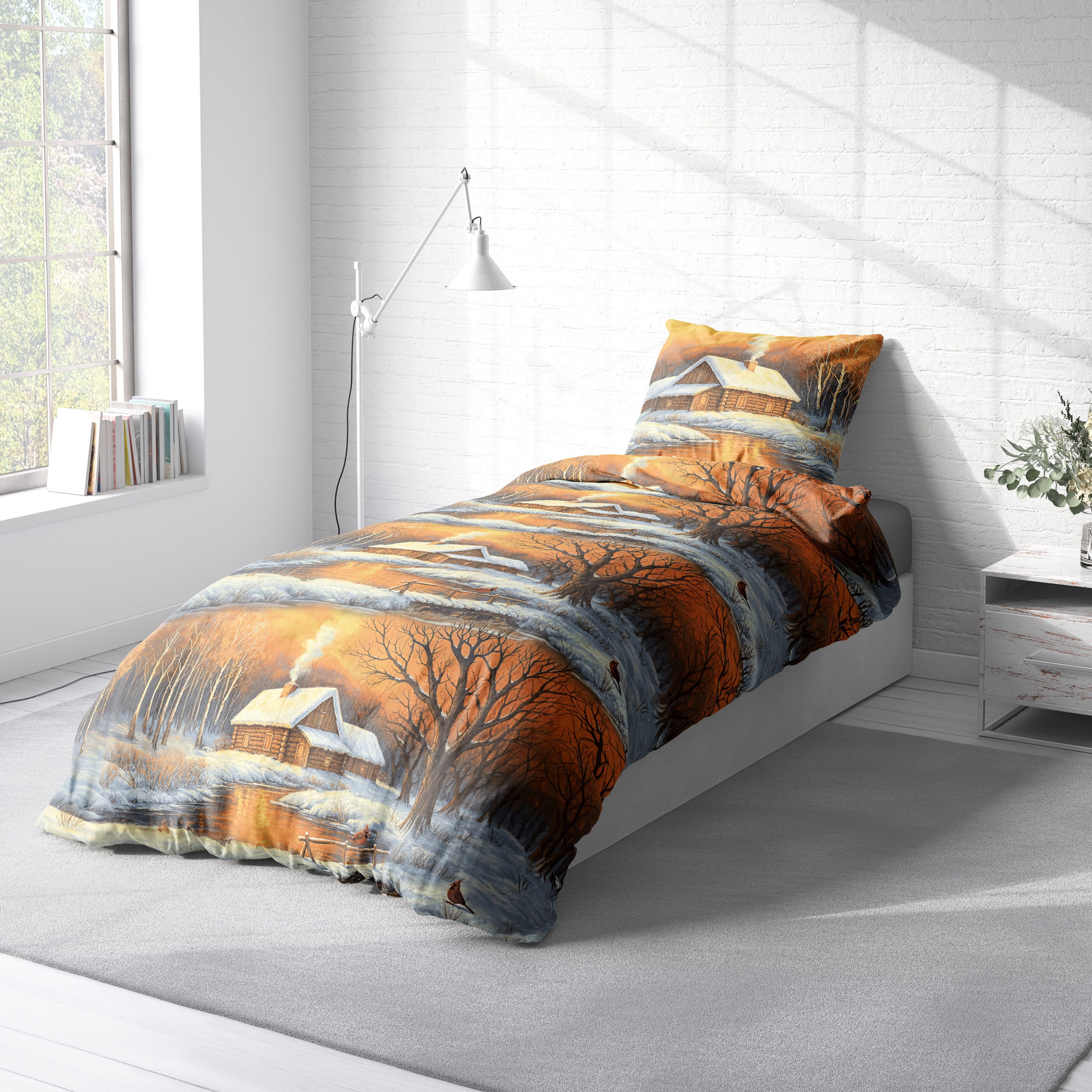 One Home Bettwäsche Schneelandschaft Hütte Winterlandschaft, Flanell, 2 tei günstig online kaufen