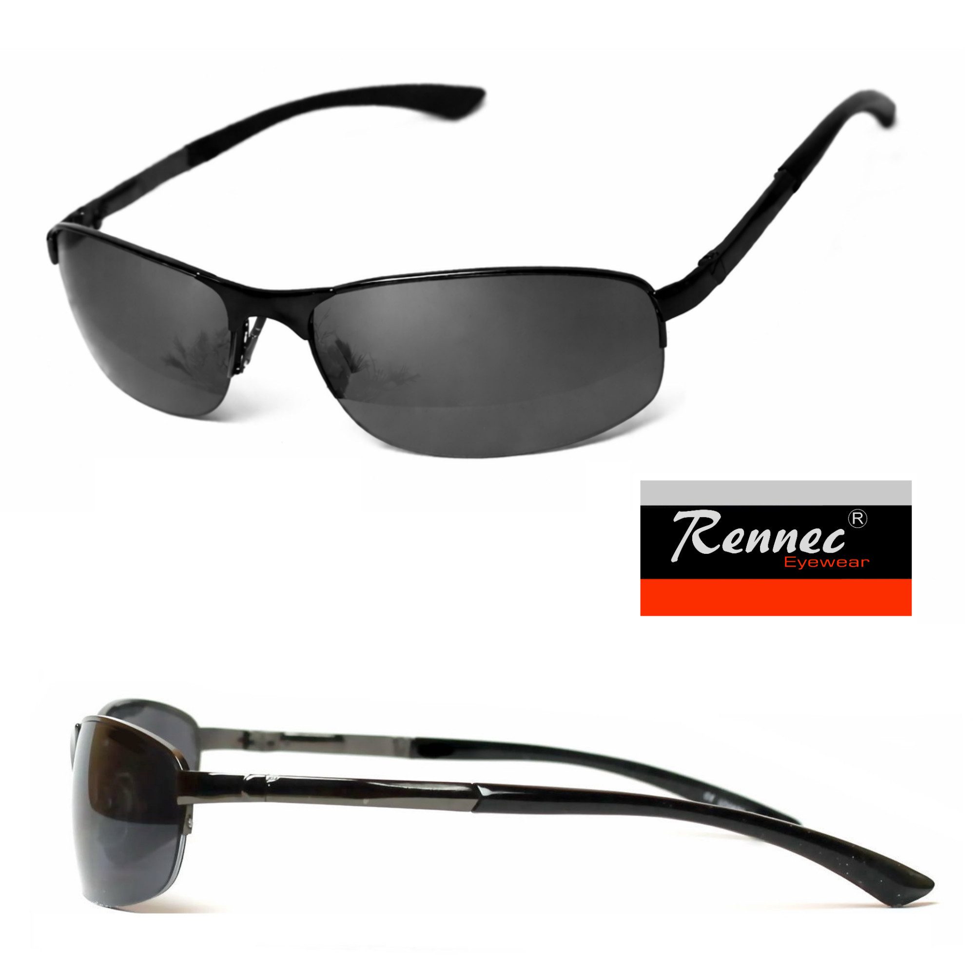 Rennec Sonnenbrille (Herren Markenbrille Schwarz mit Brillenbox) Schmale Edelstahl Brille mit Federscharniere an den Bügeln
