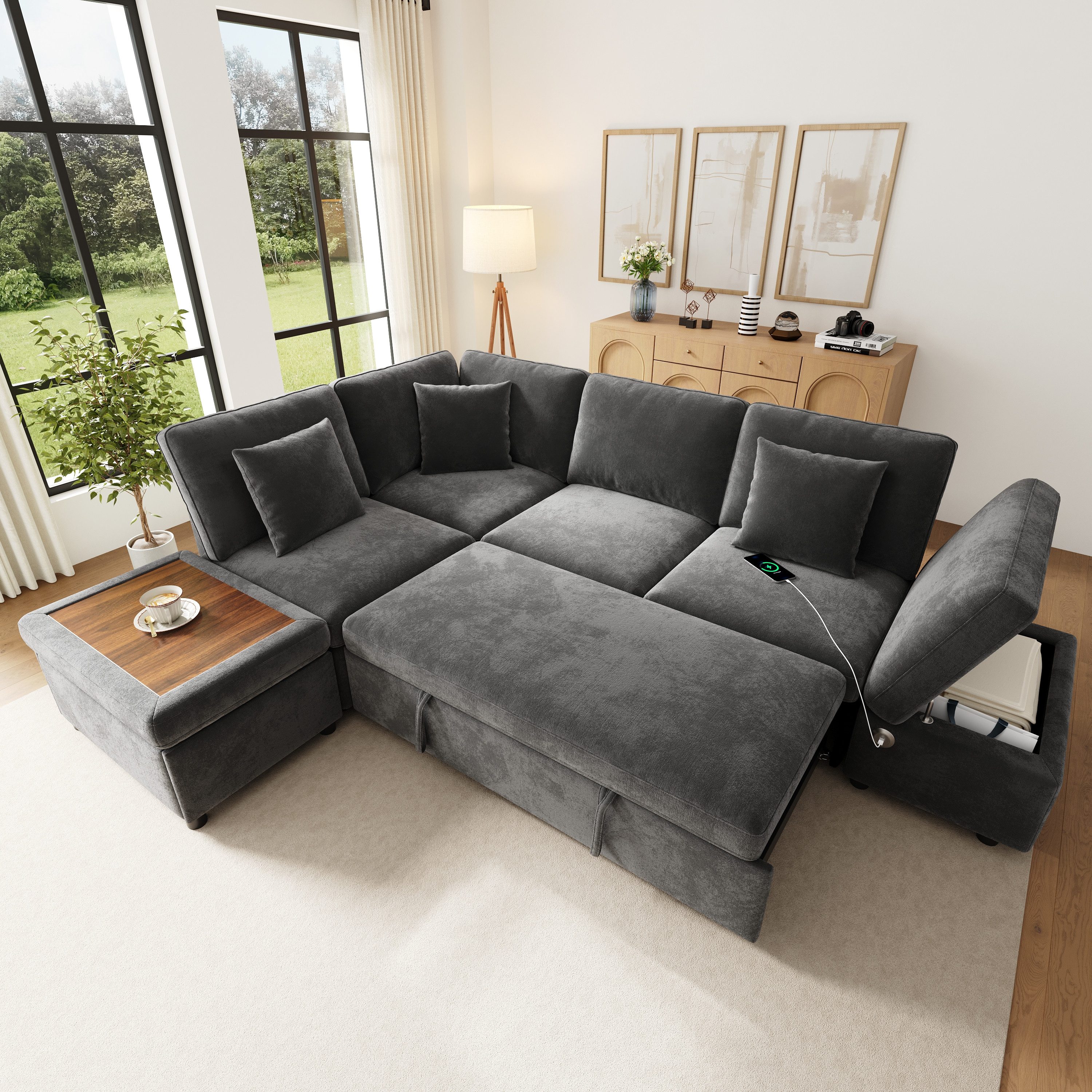 Merax Ecksofa mit Schlaffunktion, links/rechts wechselbares Schlafsofa, Chenille, 1 Teile, modularer 6-Sitzer-Sofa mit Stauraumhocker,Kissen,USB/Type-C Anschluss