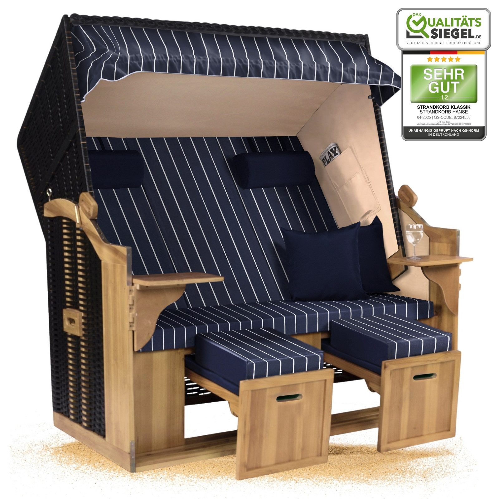Strandkorb Hanse Strandkorb Strandkorb Ostsee XXL 2,5 Sitzer Volllieger Schwarz Blau, BxTxH: 150x80x160 cm, Ostsee XXL Volllieger, Ostsee 2,5-Sitzer Modell 2025, Stabiles Wacholder mit handgefertigtem Polyrattangeflecht