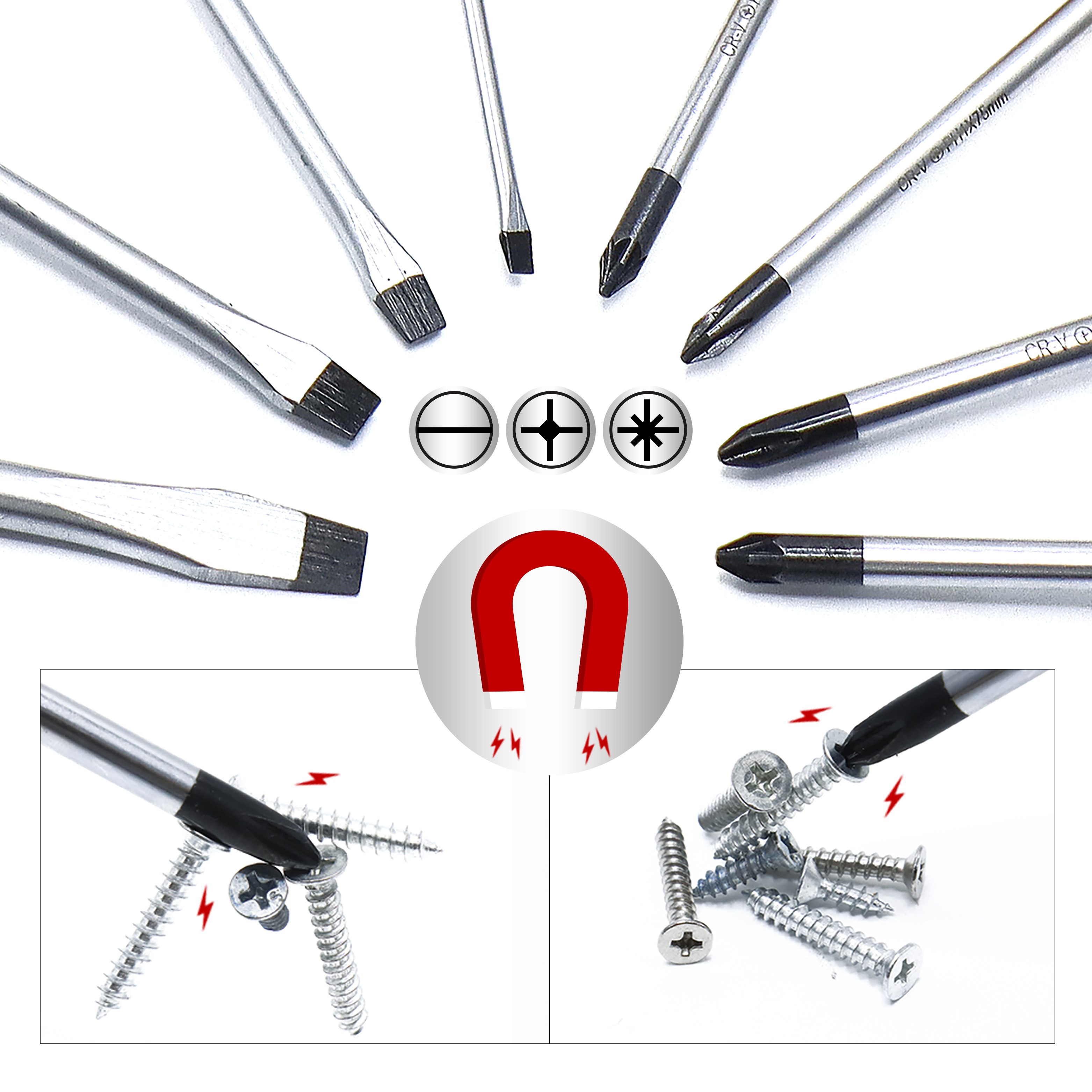 CCLIFE Bit-Schraubendreher Magnetischer Schraubenzieher mit Schlitz, Pozidriv Kreuzschlitz, (Set, 8 St), 1 – Bild 4 von 5