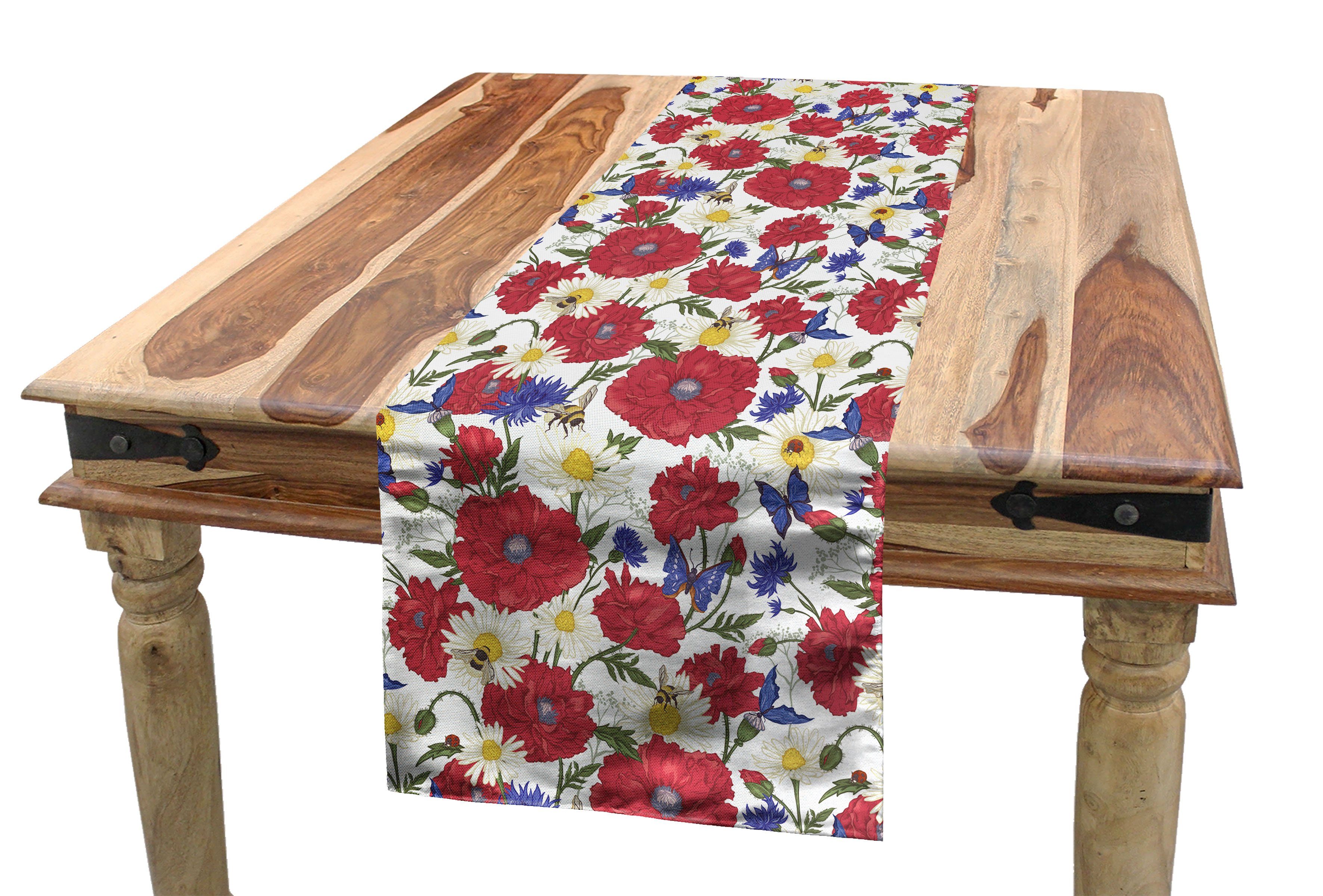 Abakuhaus Tischläufer Esszimmer Küche Rechteckiger Dekorativer Tischläufer, Blumen Blooming Rote Mohnblumen