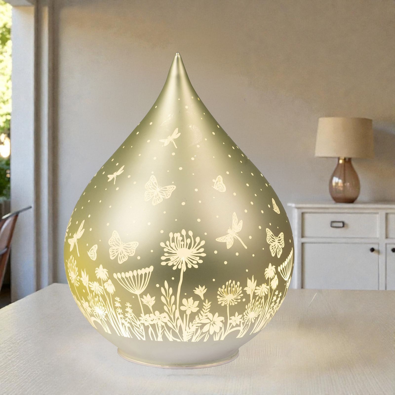 formano LED Dekolicht Deko Tropfen Glas Pastell Grün 21 cm matte Glasleuchte - Blumen-Dekor, LED fest integriert