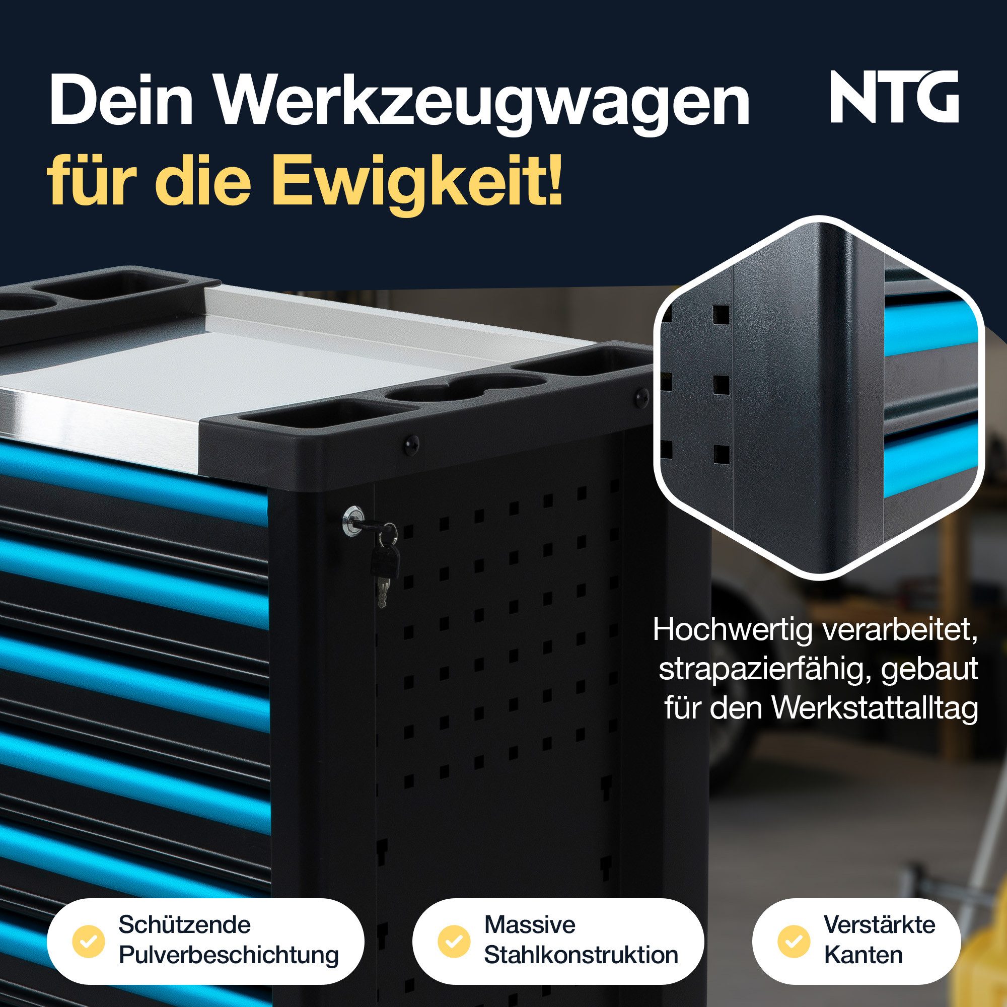 NTG Nutzfahrzeug Technik GmbH Werkzeugwagen 7 Schubladen 290-tlg abschließbar 7 Schubladen + auf Rollen, Blackline, max. Traglast:450 kg, 290-tlg. Werkzeugset,  – Bild 4 von 5
