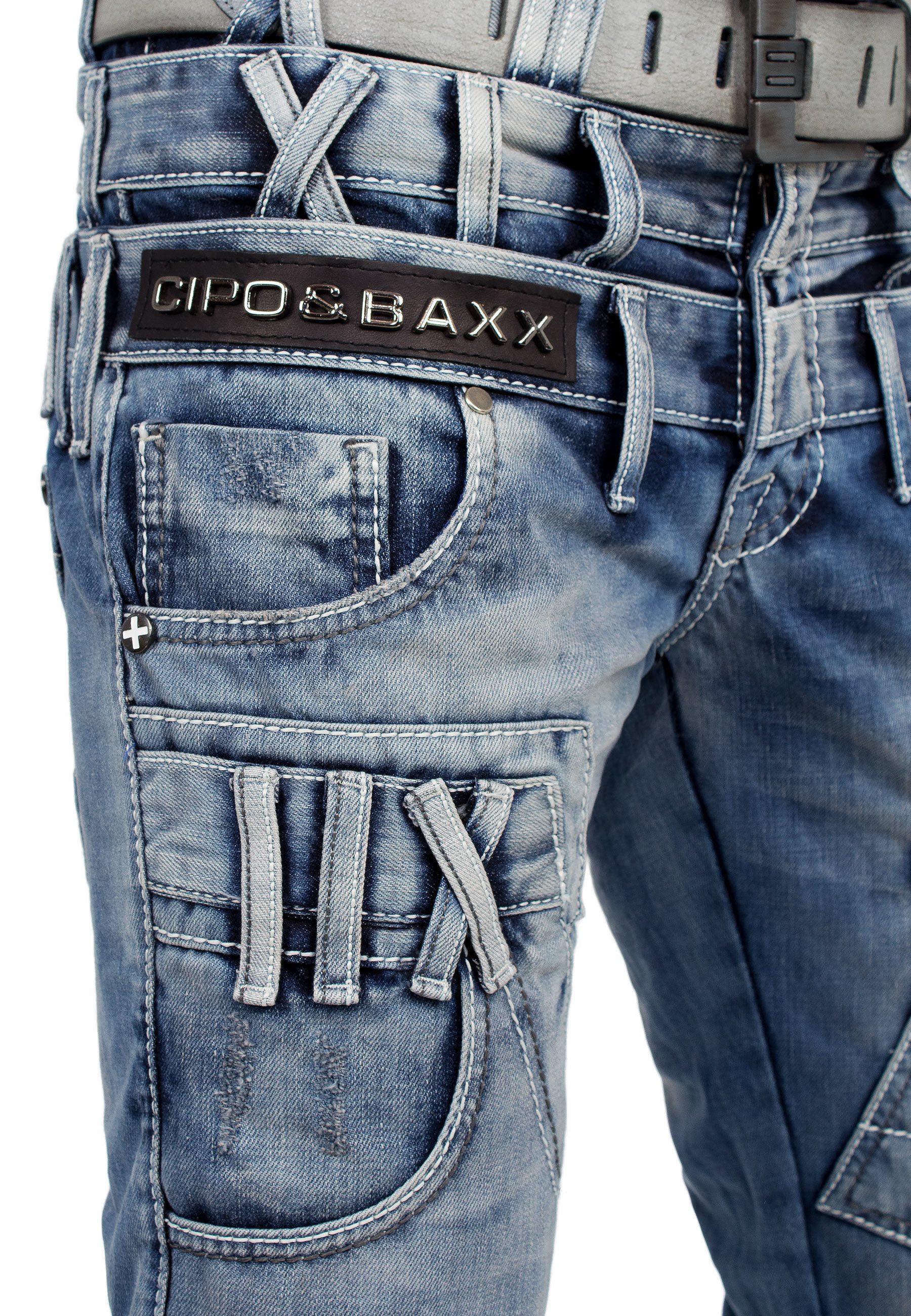 Cipo & Baxx Regular-fit-Jeans Herren Hose BA-CD466 (1-tlg) mit Doppel Bund Optik und Verzierungen