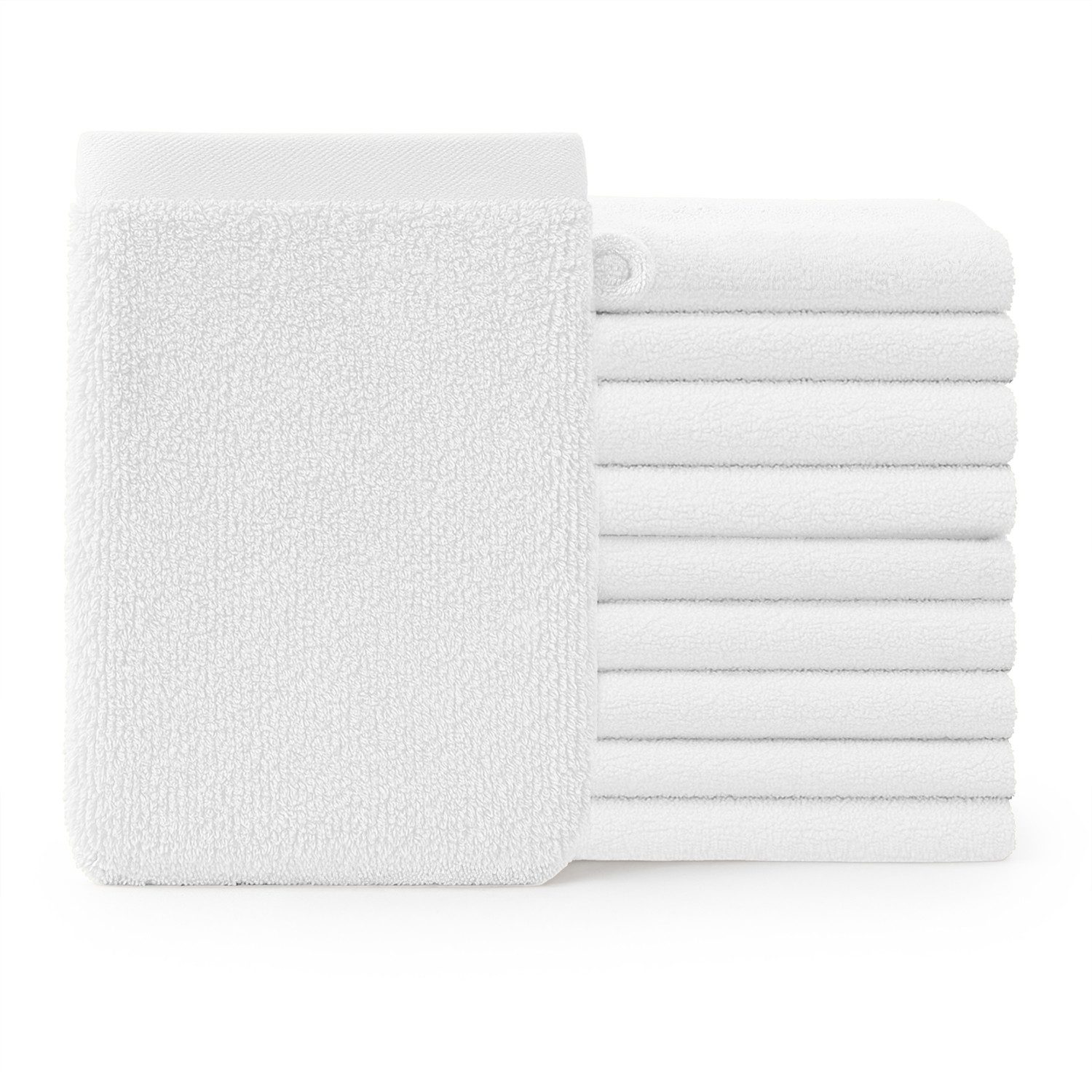 Blumtal Waschhandschuh 10er Set aus Frottee 15x20 cm - weich und saugstark, (Set), mit modischer Bordüre und praktischer Aufhängeschlaufe, 100% Baumwolle