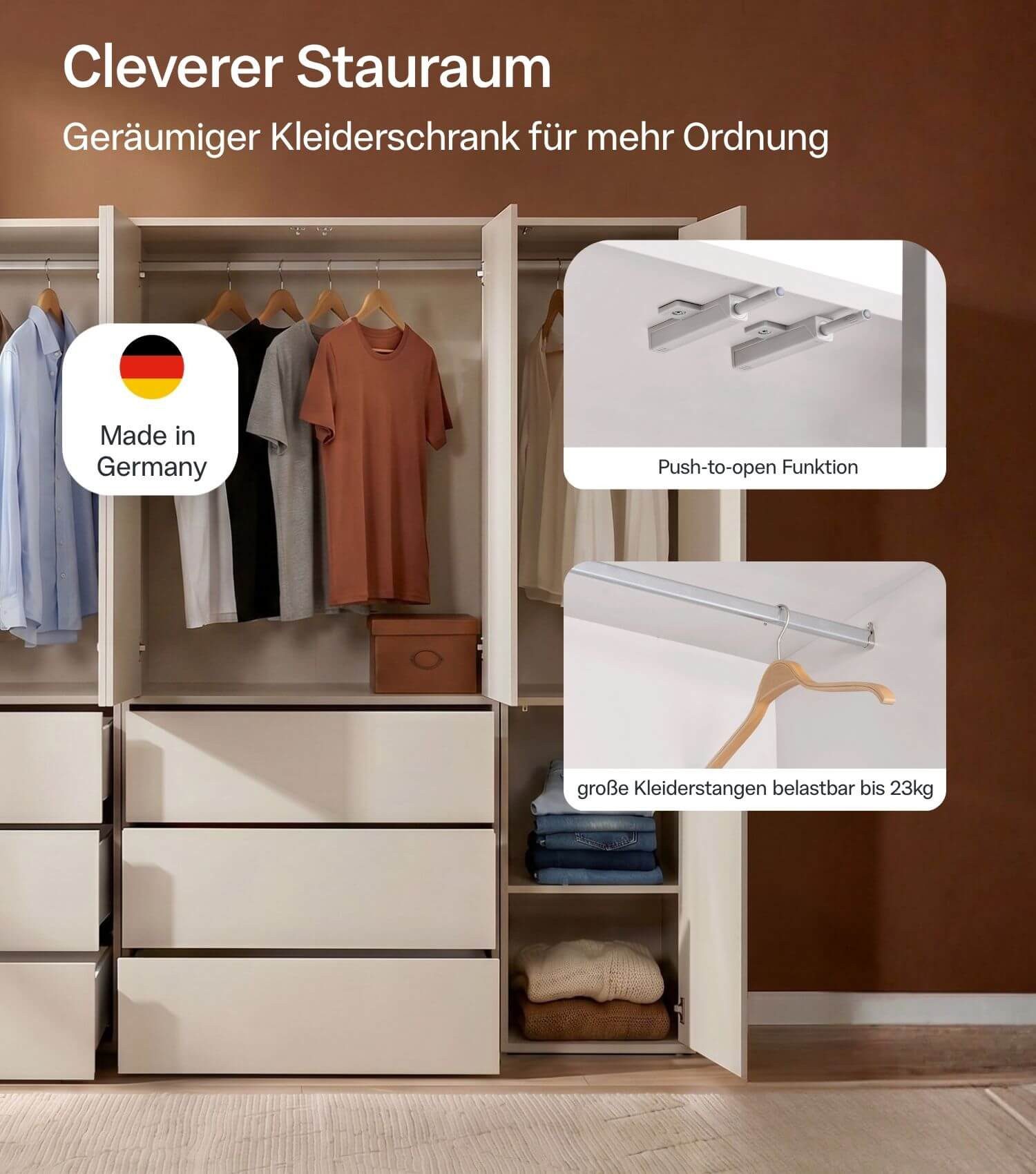 mokebo Kleiderschrank Kleiderschrank in Kaschmir-Beige 'Robe' (227x197 cm, mit Push-to-Open) Made in Germany, Schlafzimmer Schrank, mit Schubladen, Kaschmir Beige