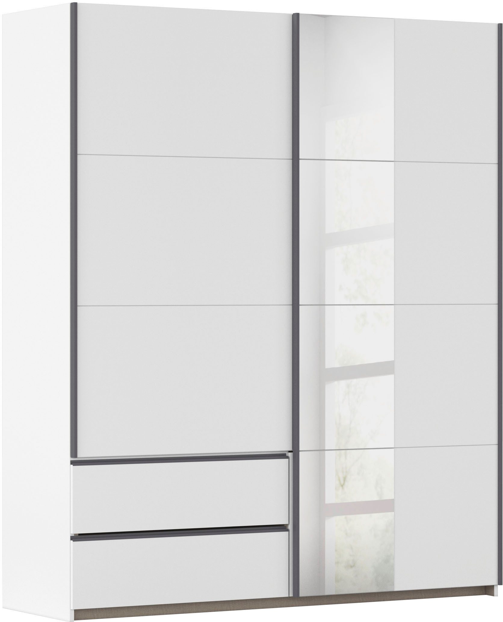 rauch Schwebetürenschrank Kleiderschrank Schrank Garderobe Wäscheschrank SEVILLA mit Spiegel (in 3 verschiedenen Ausstattungen BASIC/CLASSIC/PREMIUM) Metall-Griffleisten alufarben oder Graumetallic MADE IN GERMANY