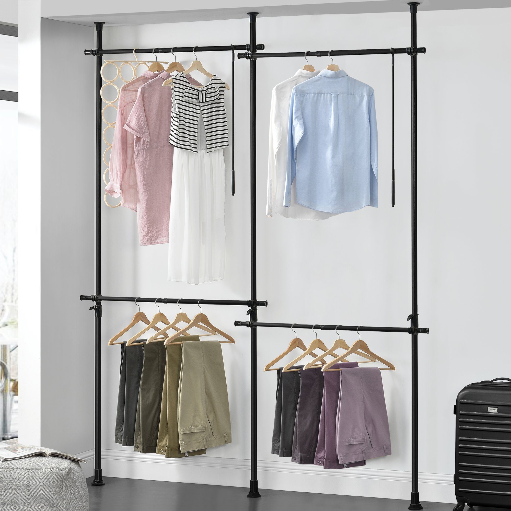 en.casa Kleiderständer, »Kemi« Teleskopgarderobe mit 4 Garderobenstangen Stahl Schwarz