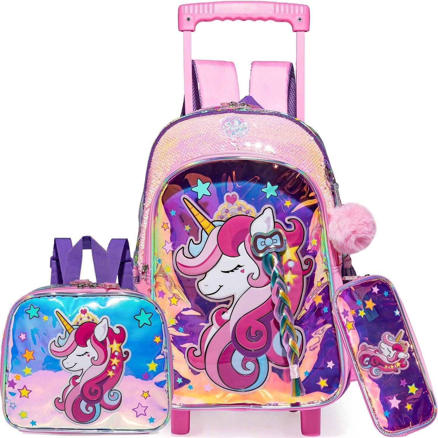LuxusKollektion Kinderrucksack Mädchen Rollrucksack mit Rädern Einhorn 4in1 Set