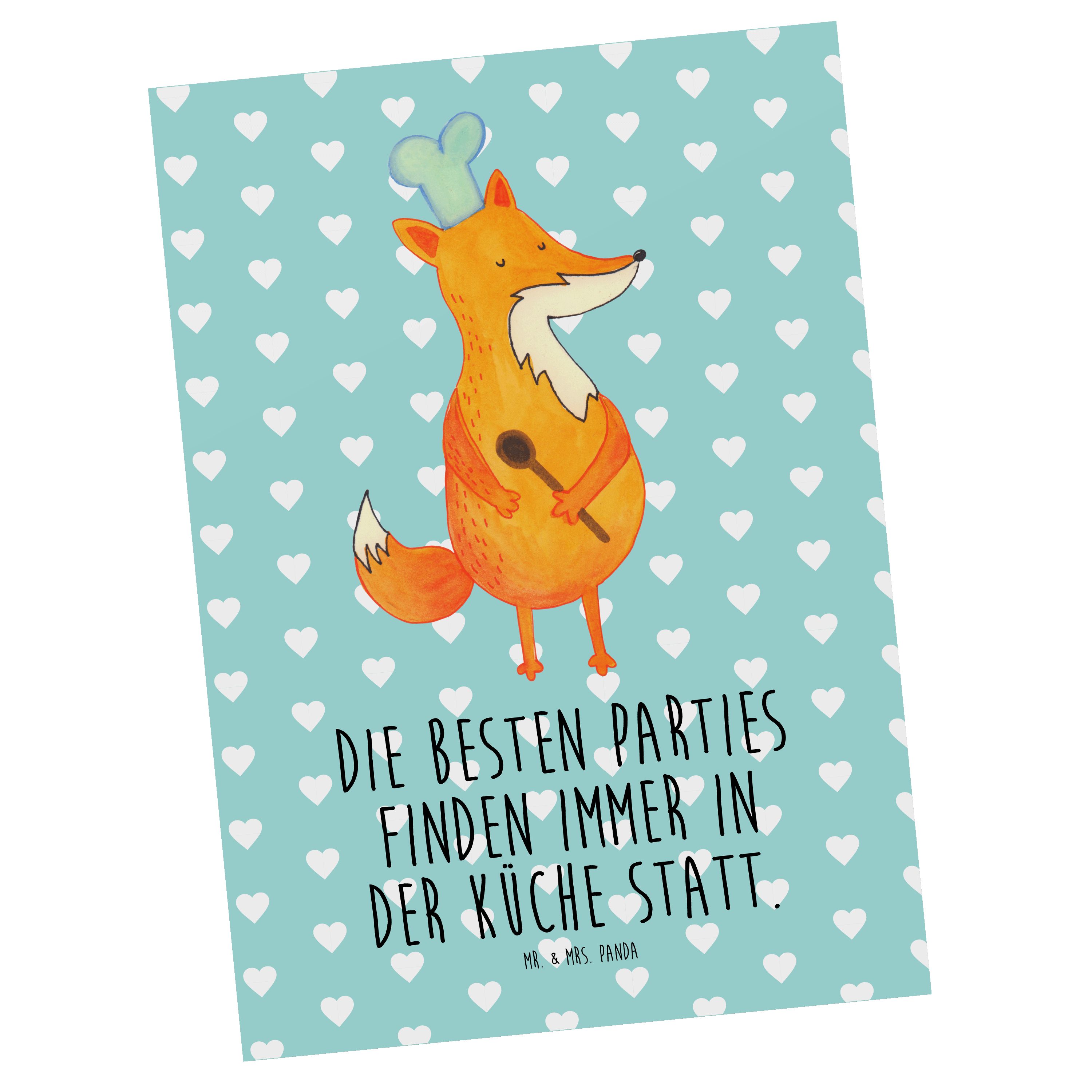Mr. & Mrs. Panda Postkarte Fuchs Koch - Türkis Pastell - Geschenk, Grußkarte, Dankeskarte, Füchs