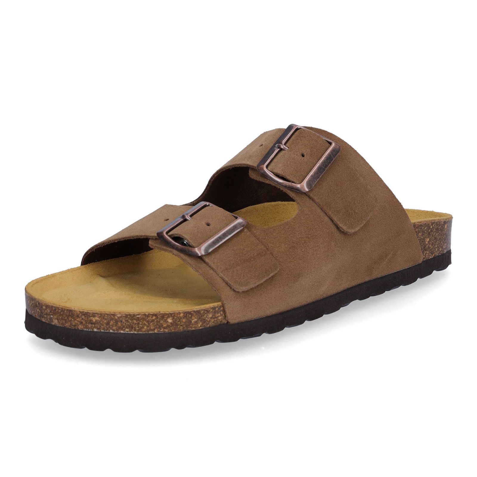 MIDS MOMO Damen Pantolette tan aus Velourleder, Zweiriemer mit farblich abgestimmten Schnallen