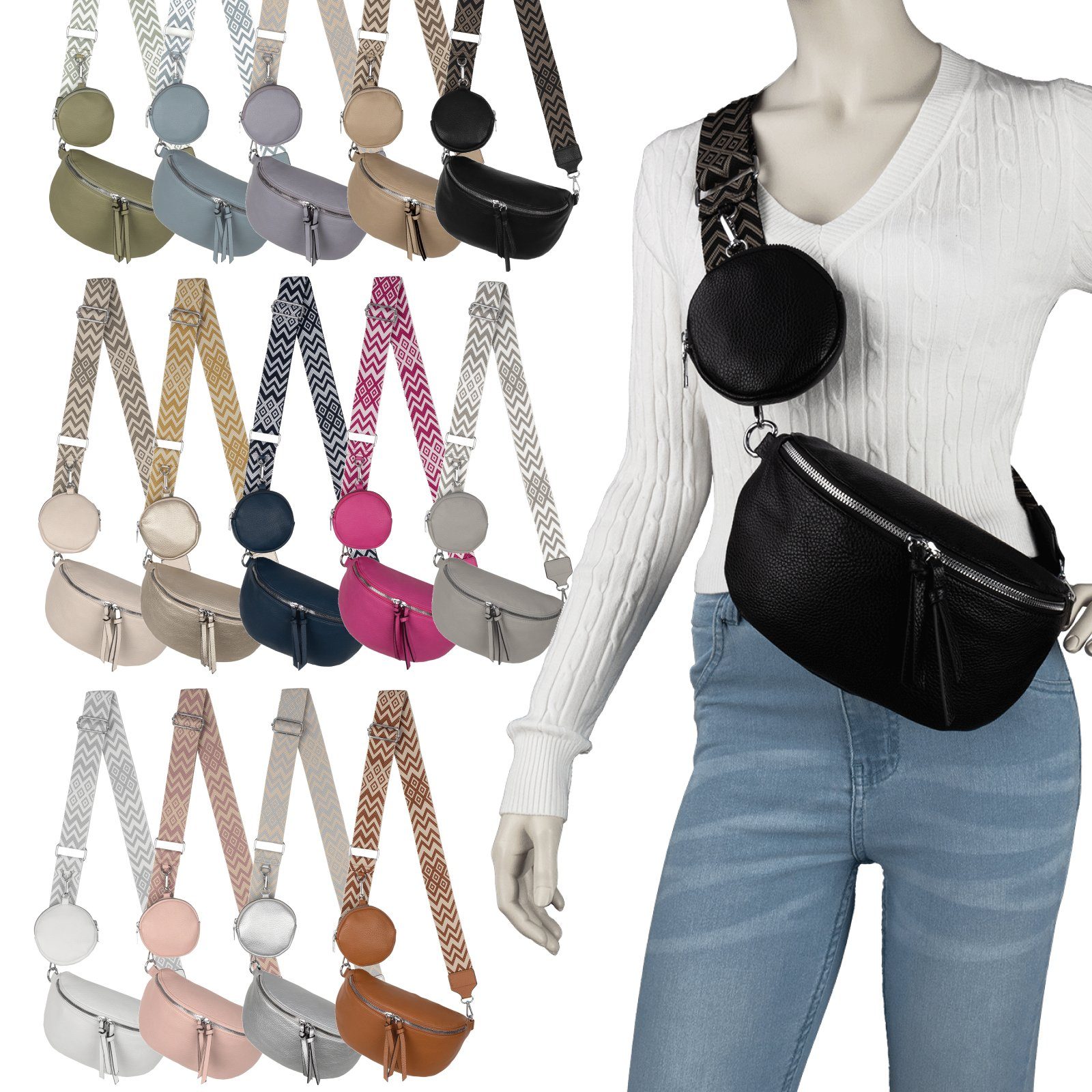 EAAKIE Gürteltasche Bauchtasche Umhängetasche Crossbody-Bag Kunstleder Italy-Design, als Schultertasche, CrossOver, Umhängetasche tragbar