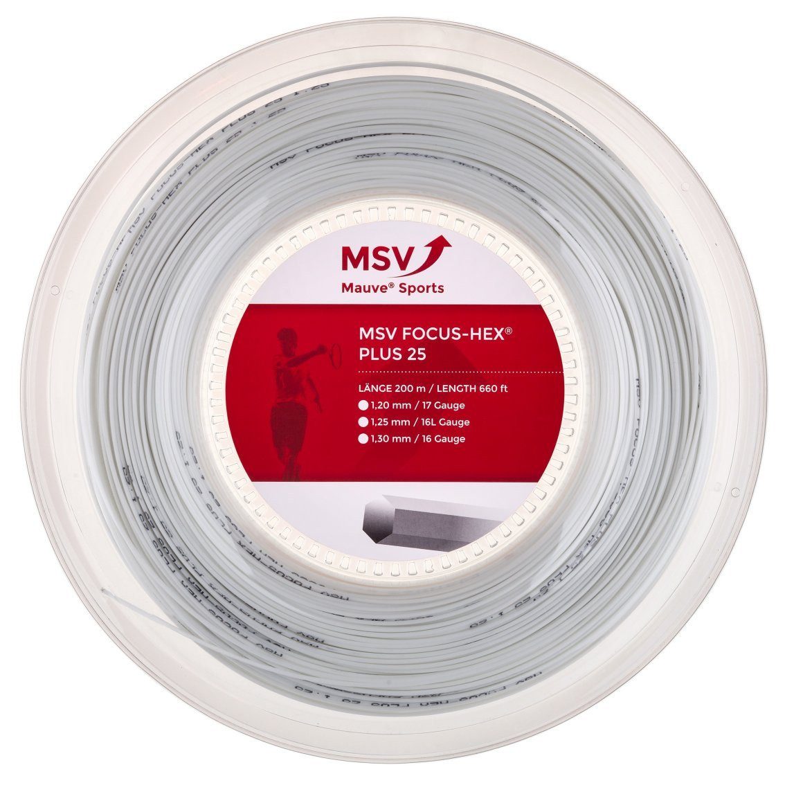 MSV Tennissaite Focus Hex Plus 25 (Haltbarkeit+Spin) weiss 200m Rolle, Saitendicke: 1.25