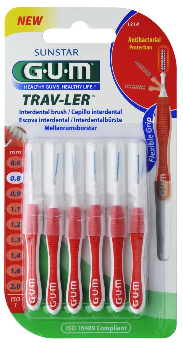 GUM Interdentalbürsten 3x Gum Trav-ler Interdentalbürsten 0,8mm rot - 3x 6 Stück im Blister