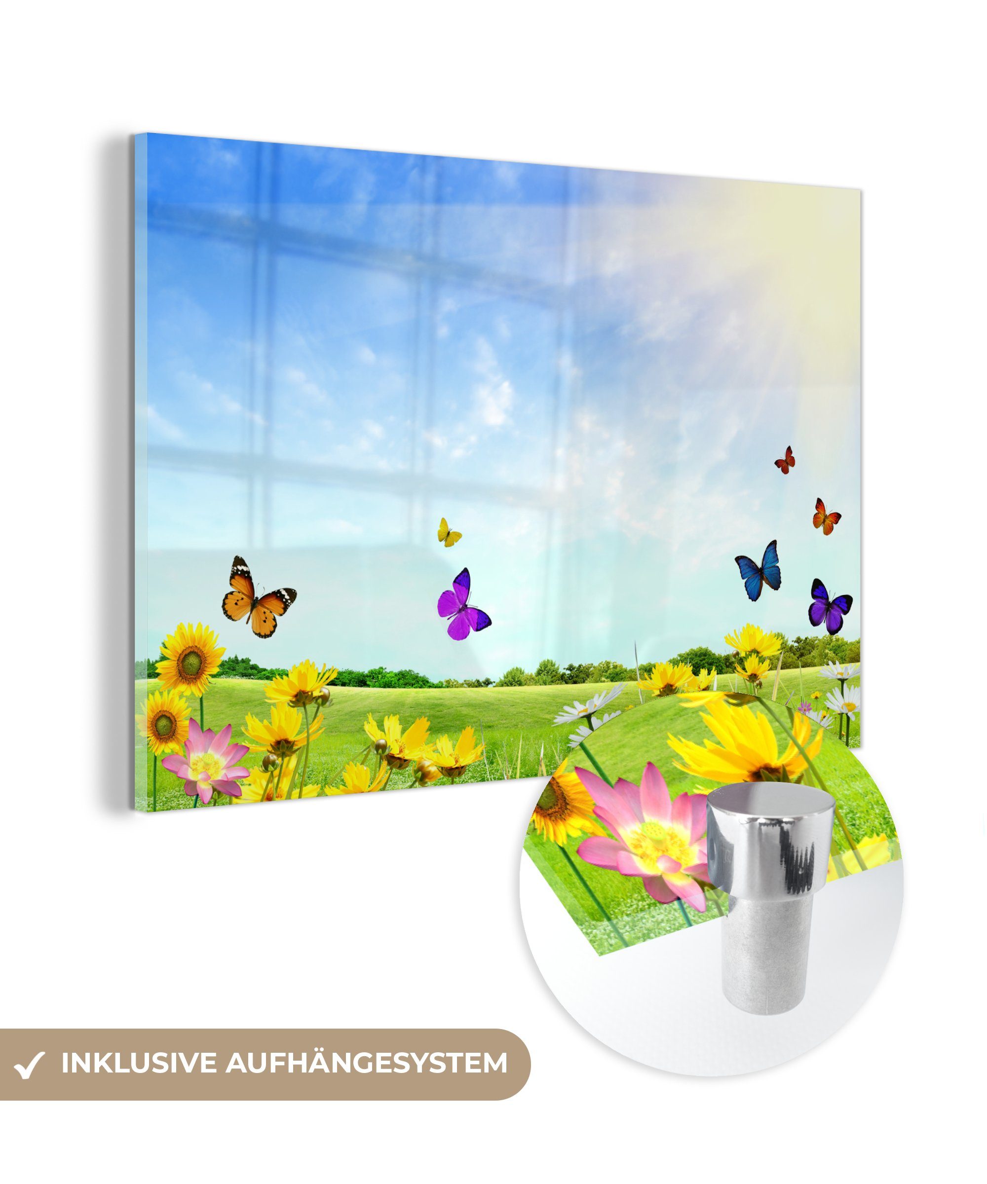 MuchoWow Acrylglasbild Blumen - Schmetterlinge - Sommer, (1 St), Acrylglasbilder Wohnzimmer & Schlafzimmer
