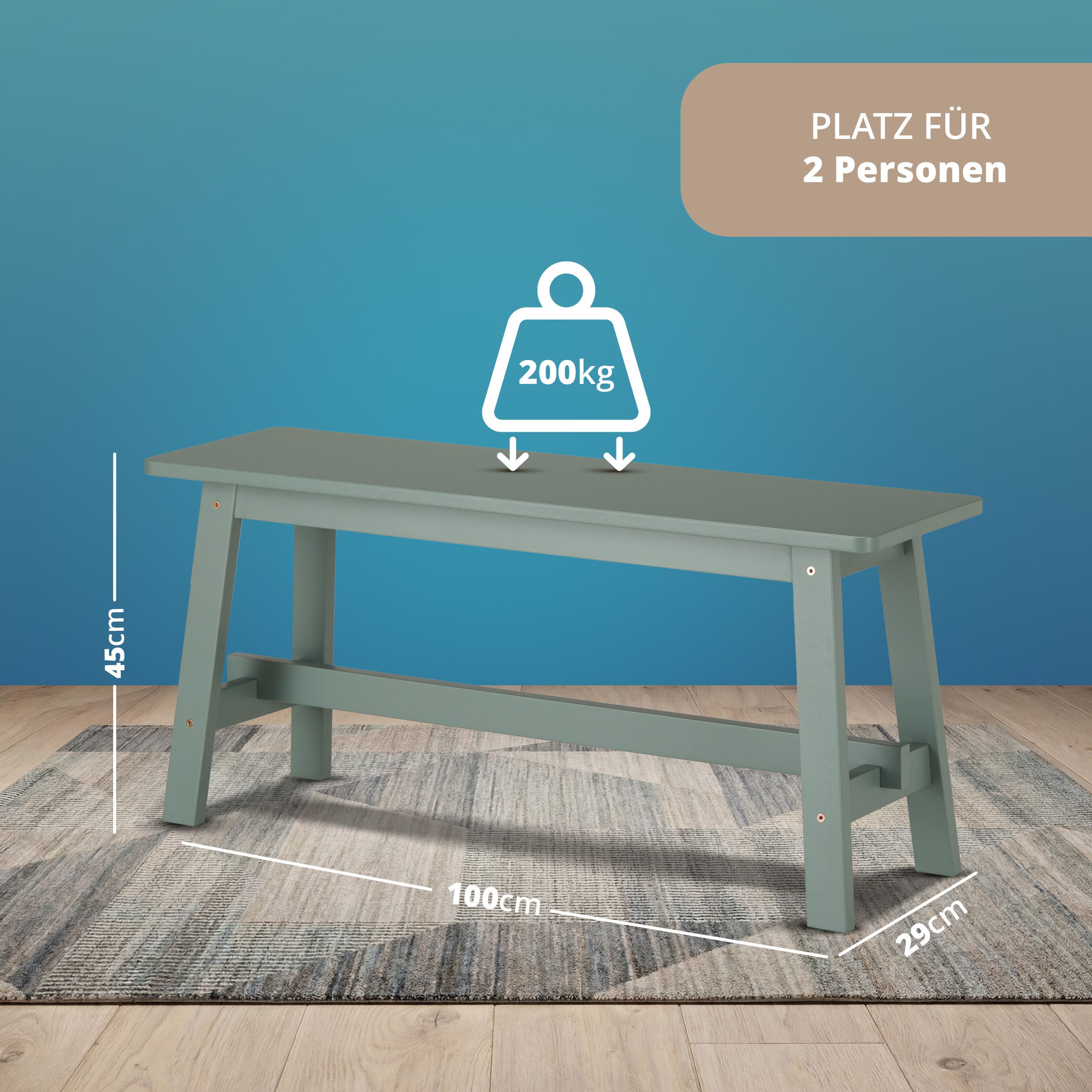 KHG Sitzbank Dekobank Grün für 1-2 Personen, Skandi Look, bis 200 kg belastbar, lackiert, pflegeleicht, Massivholzgestell