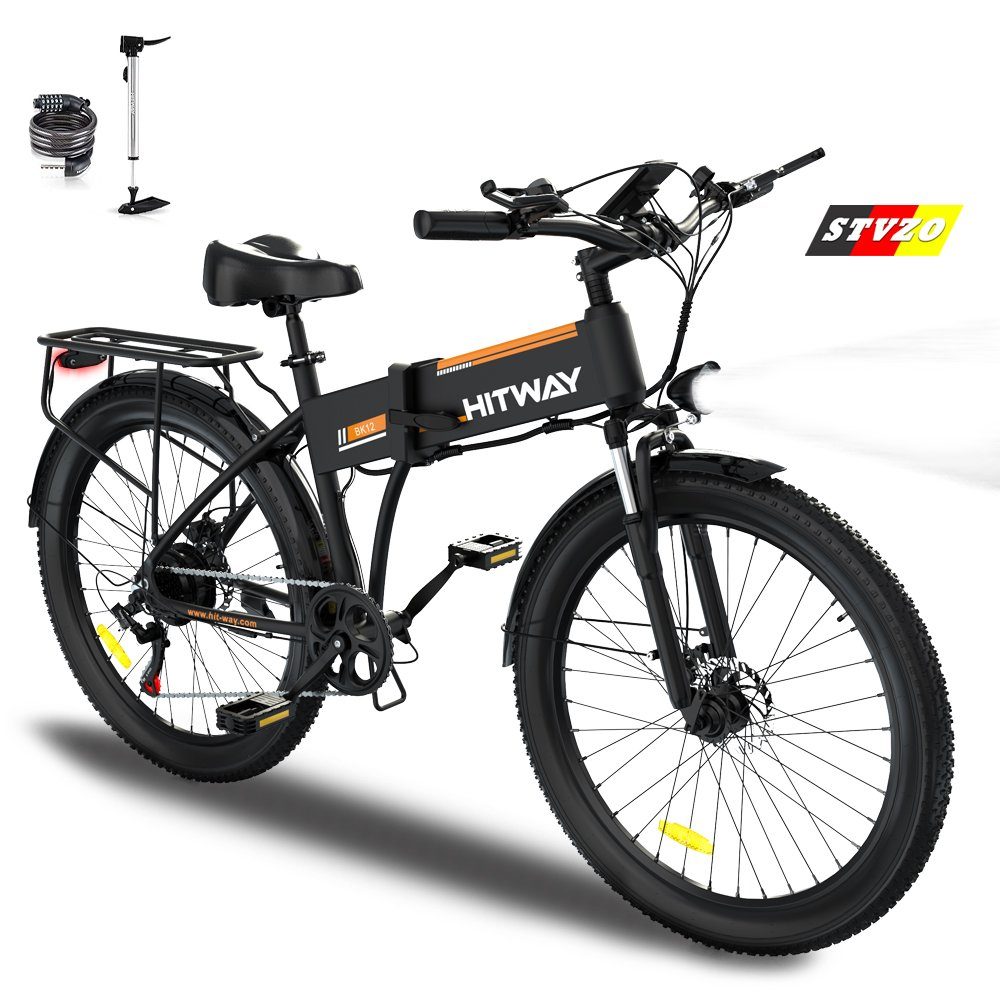 E-Bike Shimano 7Gang Max 36V12Ah Klapprad 35-90km 26", Elektrofahrrad HITWAY E-BIKE