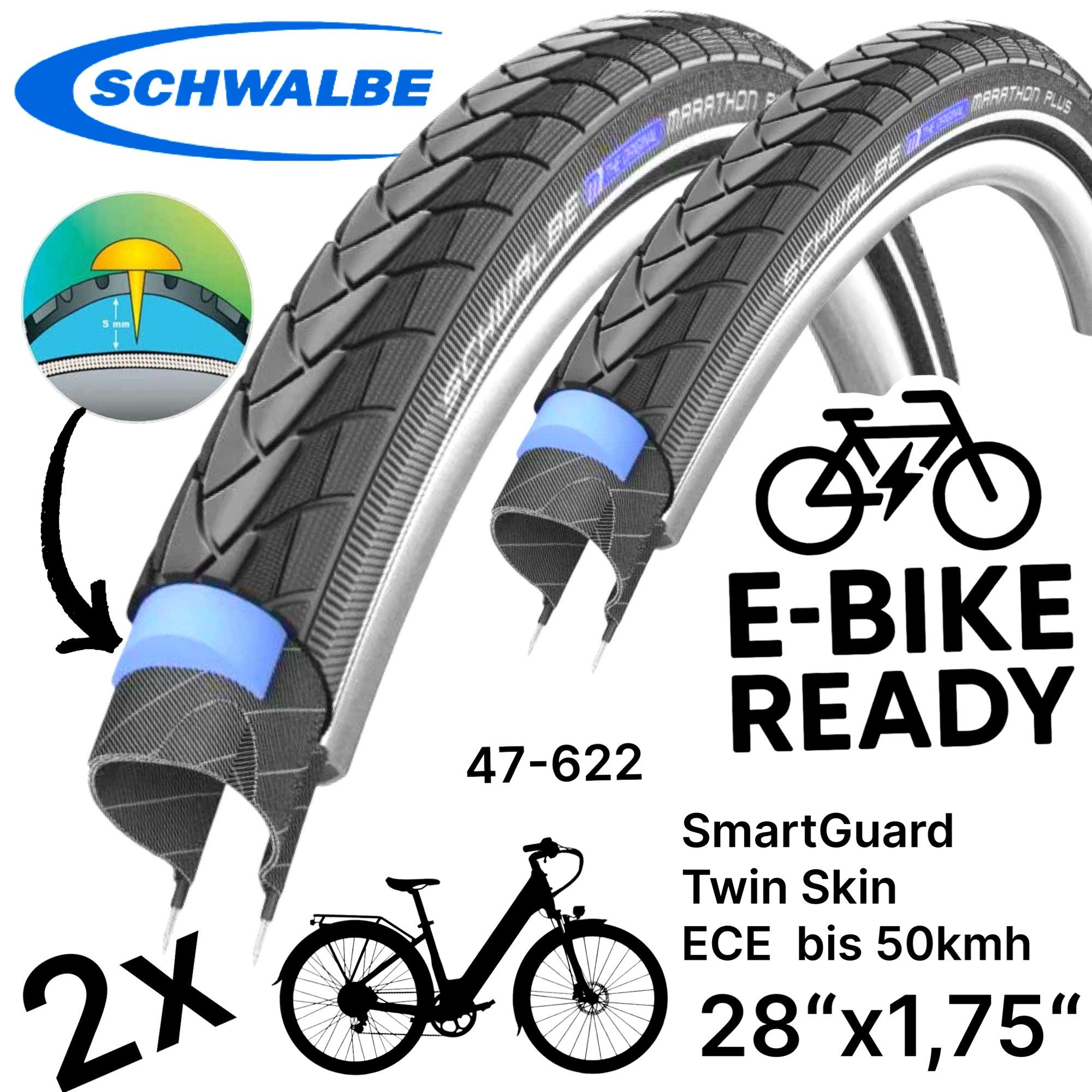 Fahrradschlauch 2x Schwalbe Marathon Plus 28x1.75 SmartGuard City/E 47-622