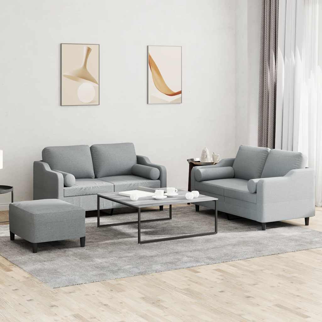 vidaXL Sofa 3-tlg. Sofagarnitur mit Kissen Hellgrau Stoff