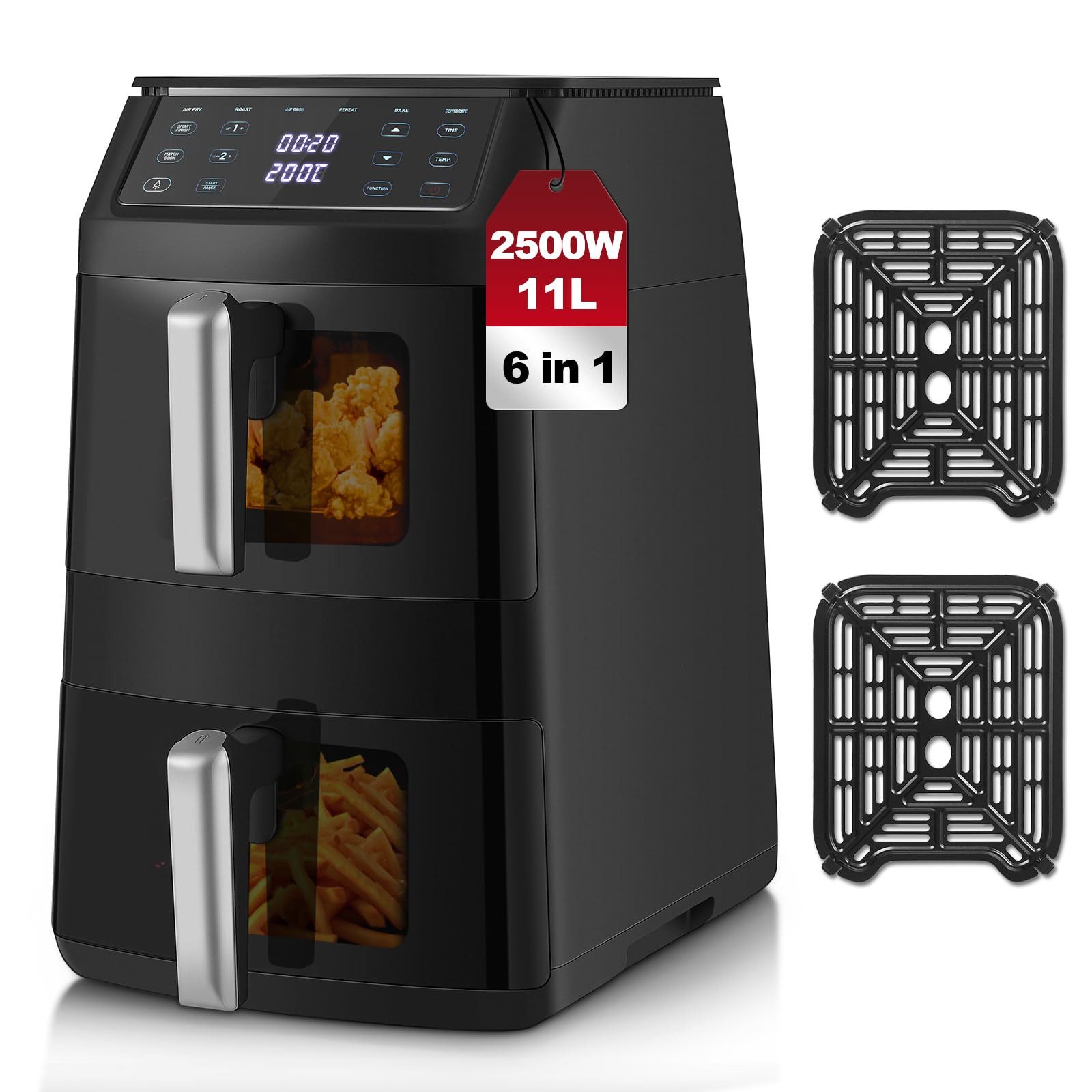 SNDOAS Heißluftfritteuse, 2500 W, 6 Garfunktionen, 360° Heißluft & Wende-Erinnerung, 11L Kapazität