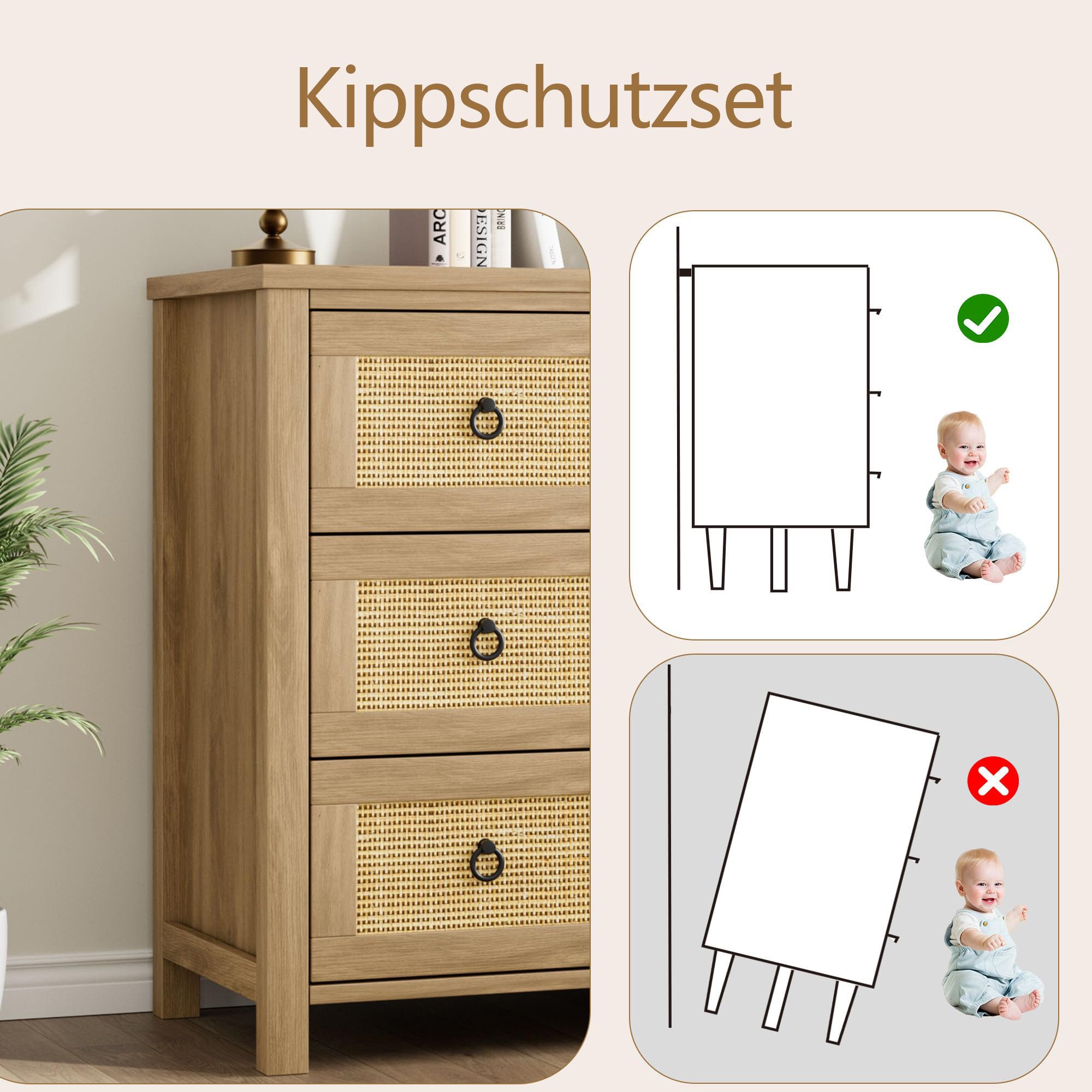 GarveeMore Kommode Kommode mit 3 Schubladen aus Rattan Schubkastenkommode Nachtkommode, Sideboard Anrichte Moderne Mini-Kommode einfache Montage Stauraum