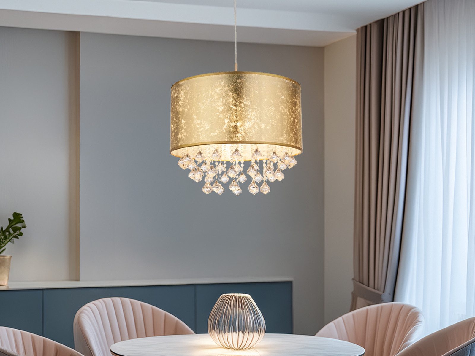 GLOBO LIGHTING LED Pendelleuchte Stoff mit Acryl Kristall Behang Ø 40cm, Dimmfunktion, LED wechselbar, warmweiß, hängend besondere Hängelampe einflammig mit Lampenschirm in Goldoptik