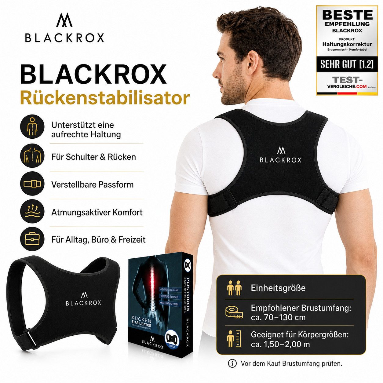 BLACKROX Rückenstabilisator [Vergleichssieger 2025] [Damen & Herren] [Haltungskorrektur] (Einzelprodukt, Einteilig), Schmerzlindernd, hautfreundlich, stabilisierend, ergonomisch