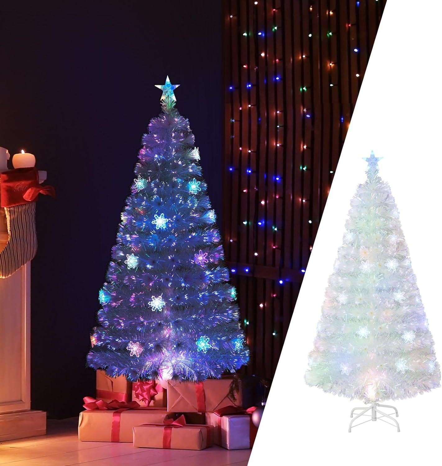 COSTWAY Künstlicher Weihnachtsbaum, mit Beleuchtung, Glasfaser & Sternspitze, 210cm