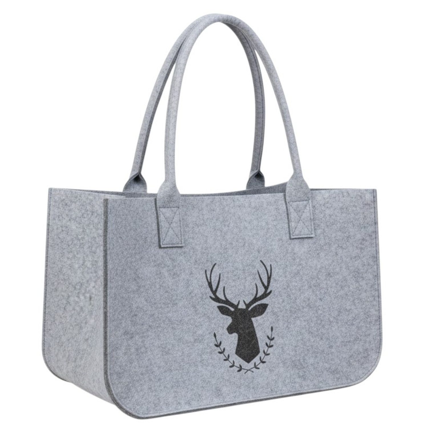 meberg Freizeittasche Filztasche Hirsch Hellgrau od. Dunkelgrau Damen groß (Shopper modern, 1-tlg., Aufbewahrungstasche Einkaufstasche), Tasche Filz Grau Hirschmotiv