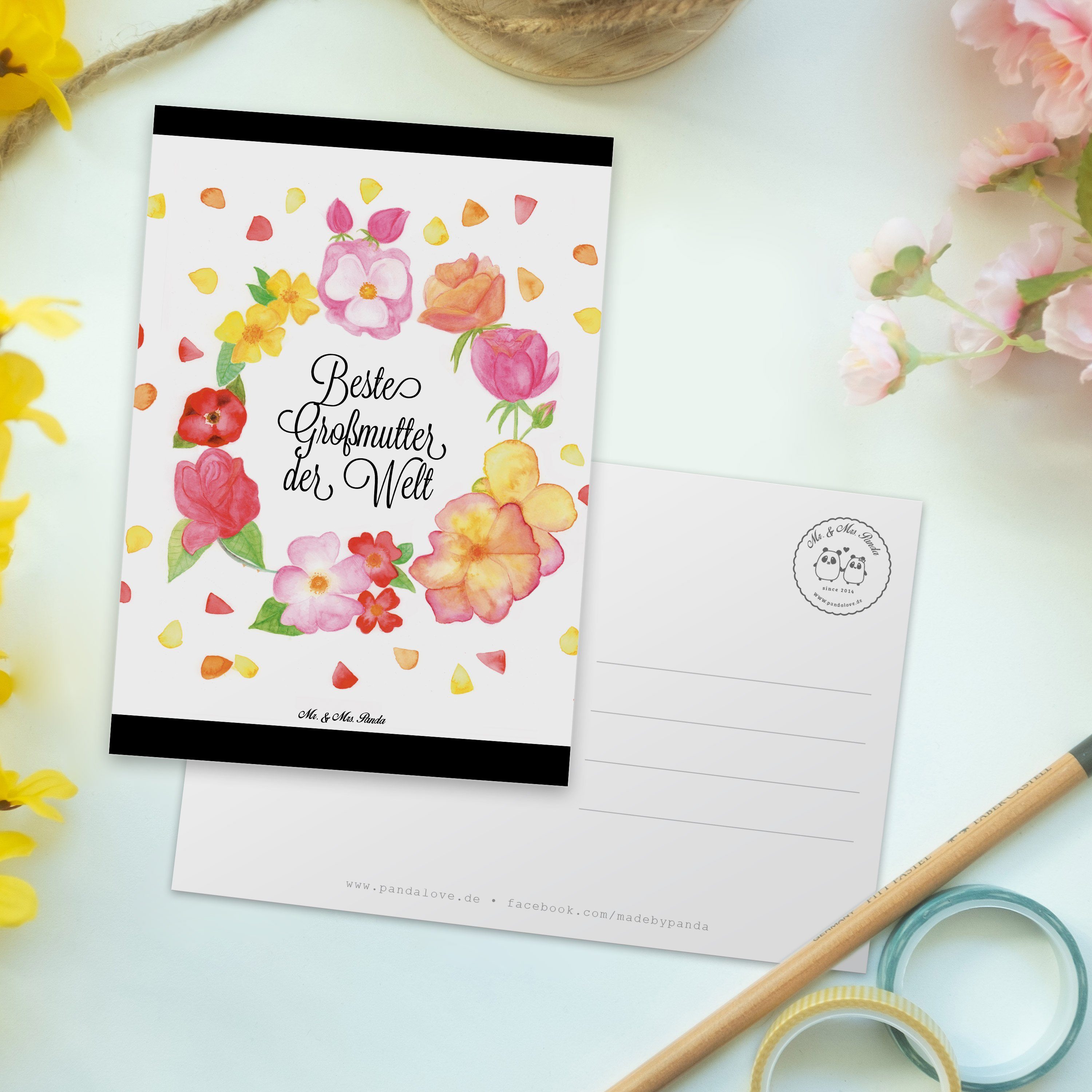 Mr. & Mrs. Panda Großmutter Einladungskarte, - Postkarte Geschenk, Flo - Liebe Blumen Weiß Mama