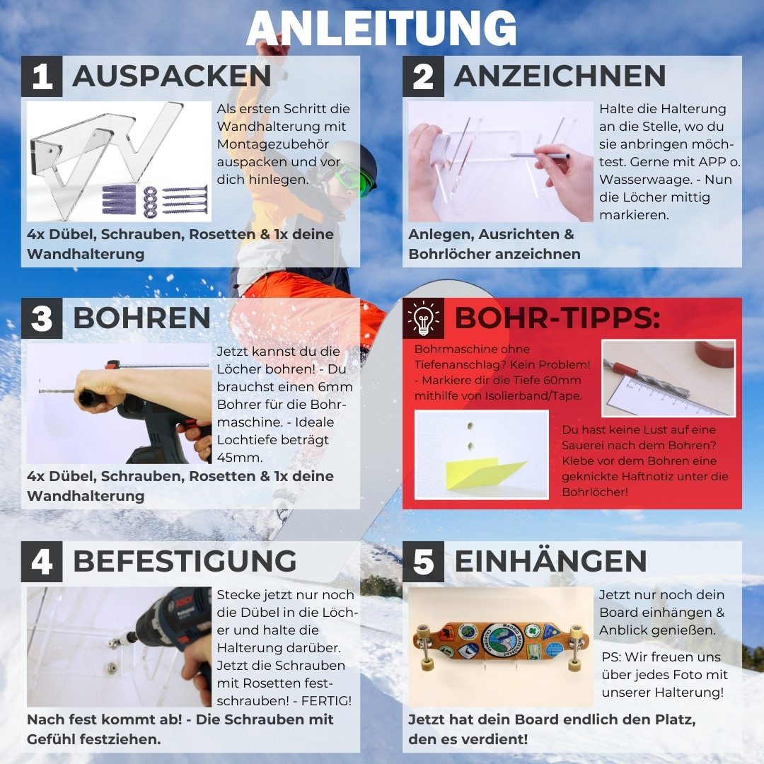 EKNA Snowboard Wandhalterung - Wand Halterung für Skateboard uvm.! (1 St., universal Halterung), inkl. Montagematerial!