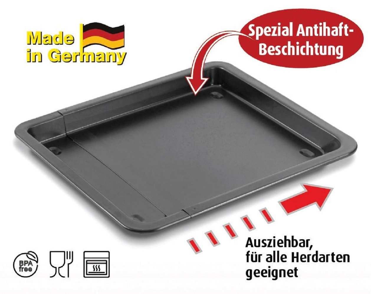 Fisko Backblech ausziehbar Universal Backofenblech Kuchenblech Pizzablech, Stahlblech mit Special Antihaft-Beschichtung, (1 x Backblech ausziehbar), mit Special Antihaftbeschichtung Made in Germany
