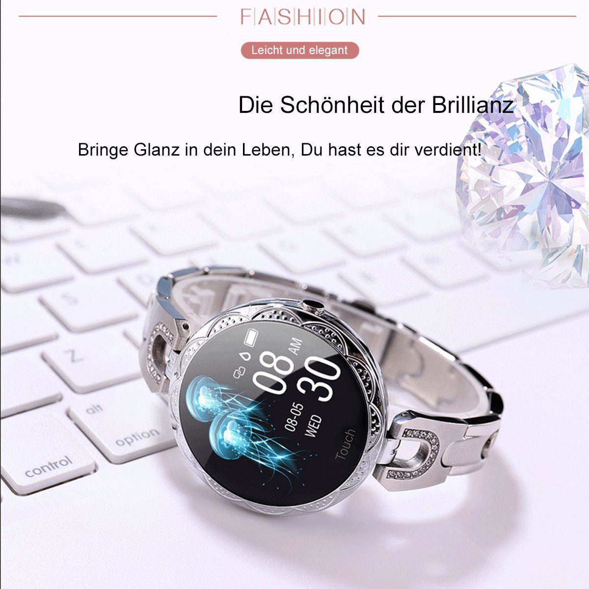 TPFNet SW33 mit elegantem Edelstahl Armband für Damen Smartwatch (Android), individuelles Display - Armbanduhr mit Musiksteuerung, Herzfrequenz, Schrittzähler, Kalorien, Sportmodus etc. - Gold