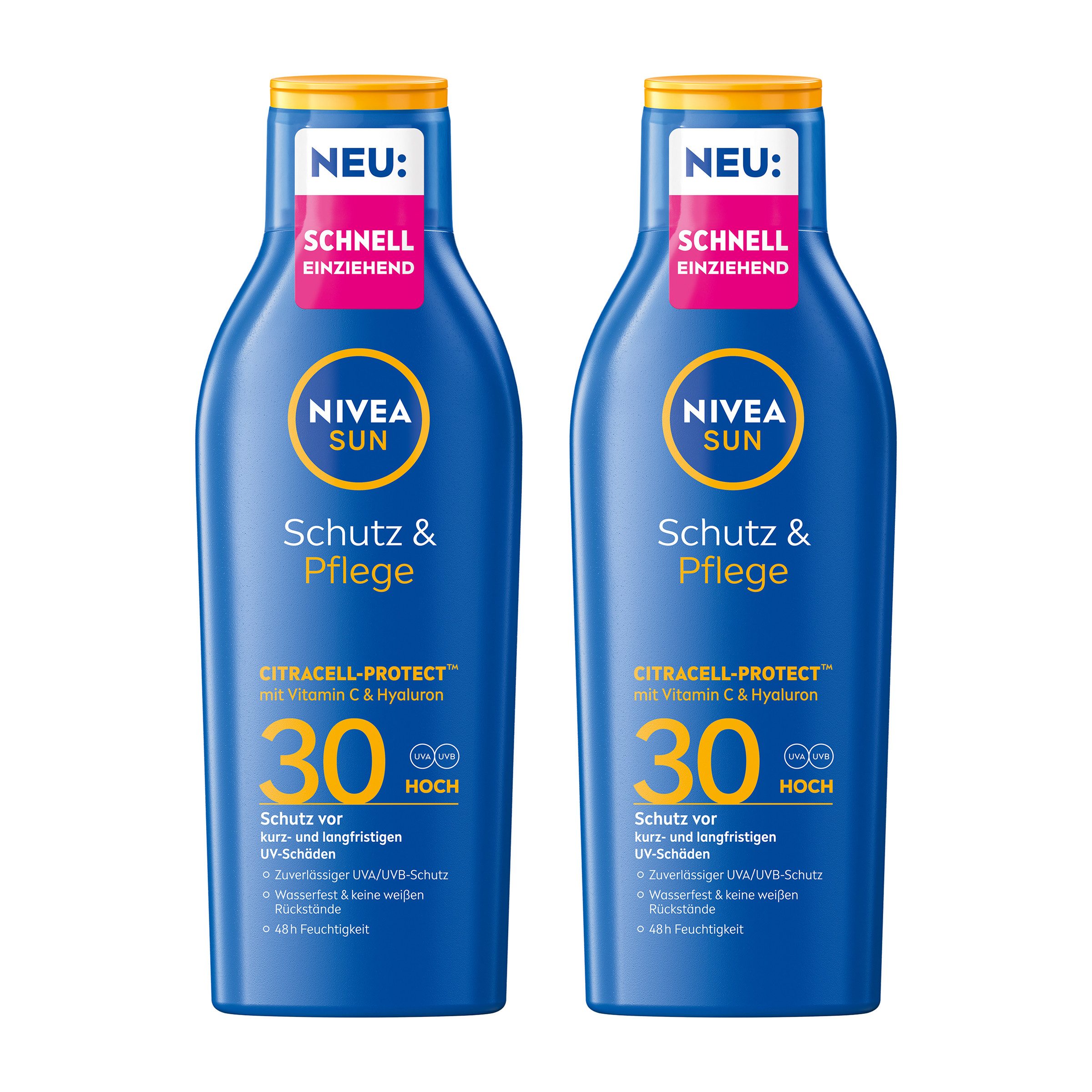 Nivea Sun Sonnenschutzmilch SUN Schutz & Pflege Milch LSF 30 wasserfest 48h Feuchtigkeit 2 x 200ml, 2-tlg.