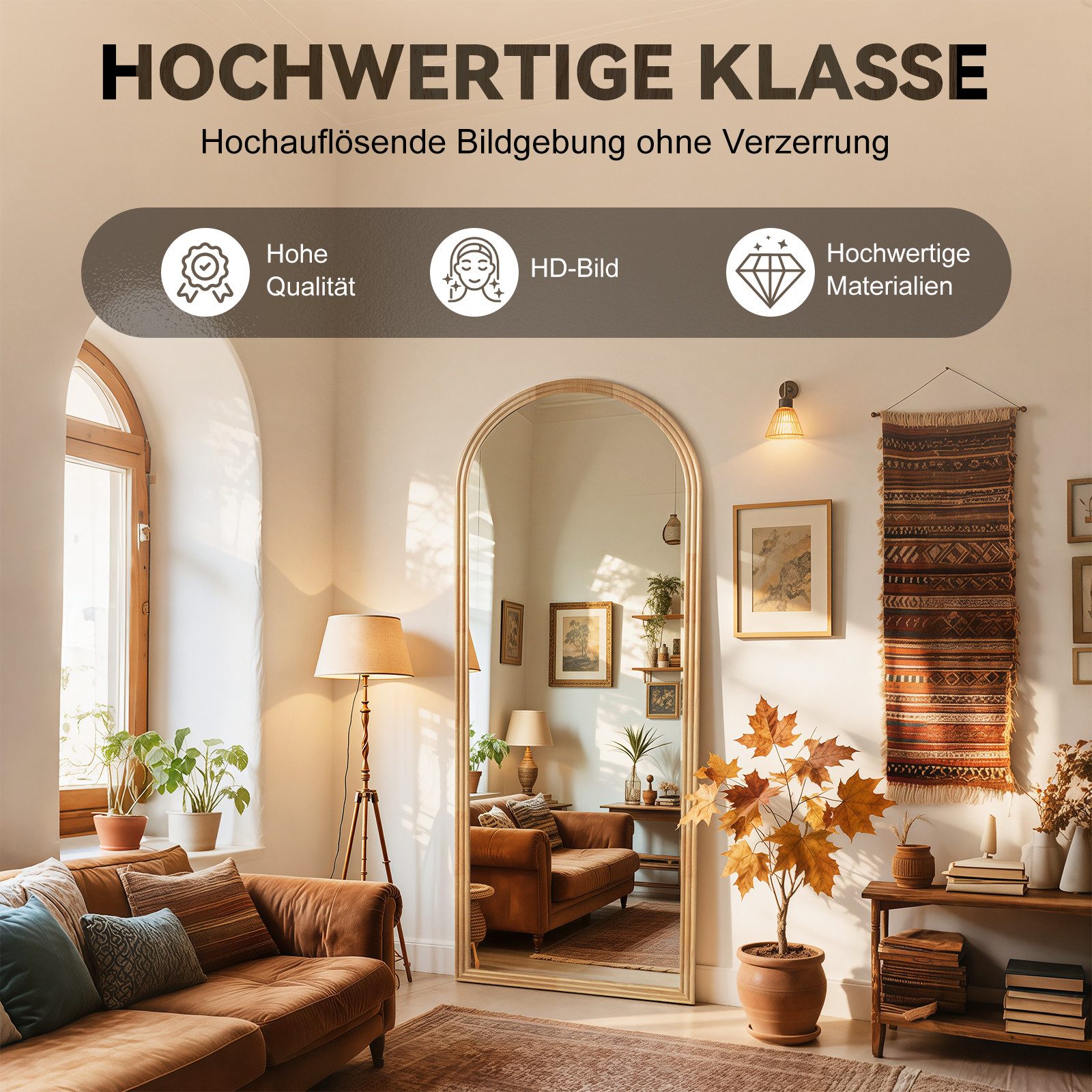 BBWL Ganzkörperspiegel 160 x 50 cm, Großer Standspiegel, mit stabilem Standfuß, Holzrahmen in Bogenform,HD Spiegelglas, stabiler Rahmen