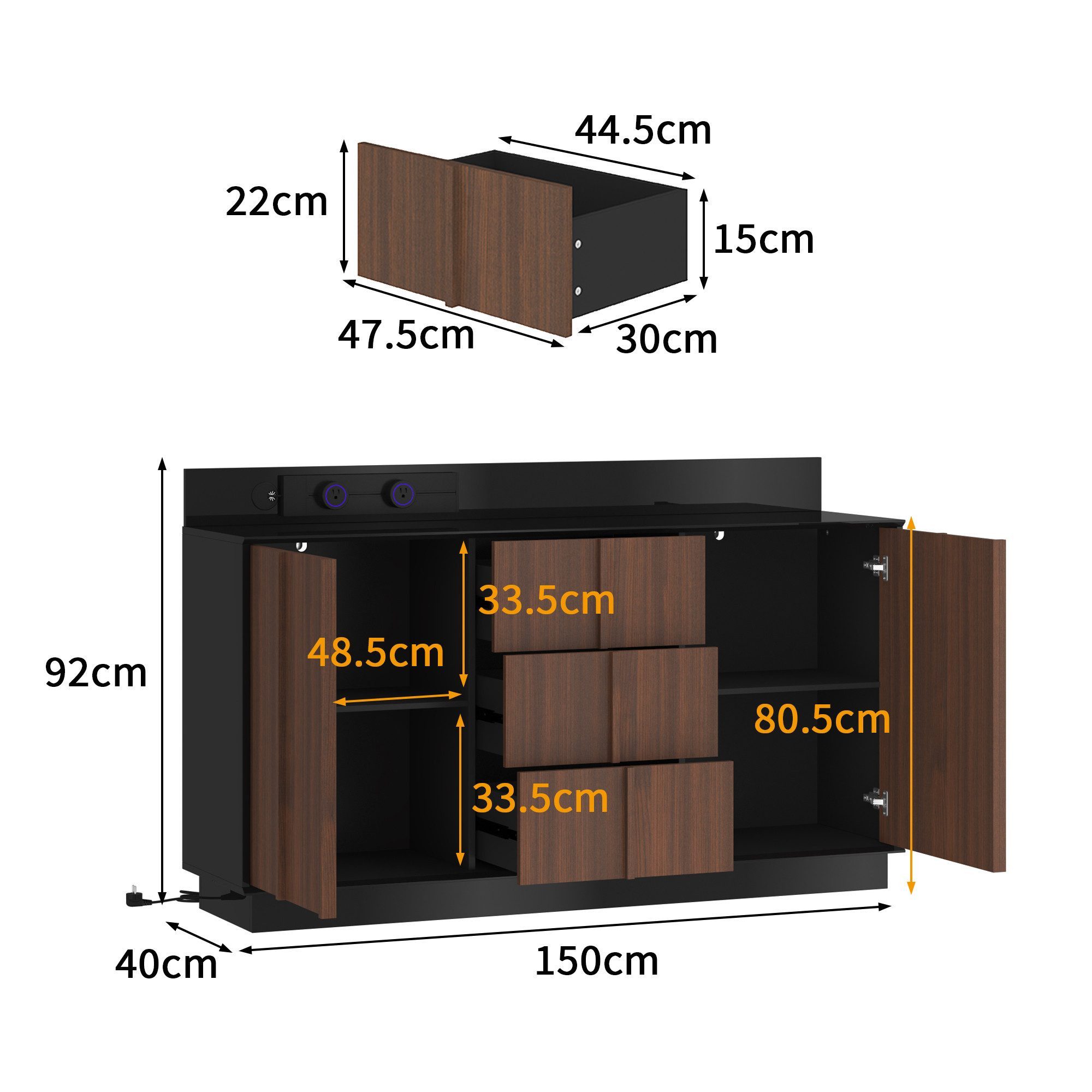 FUFU&GAGA Sideboard 150cm Braun Schwarz Kaffeeschrank Stromschienen-System