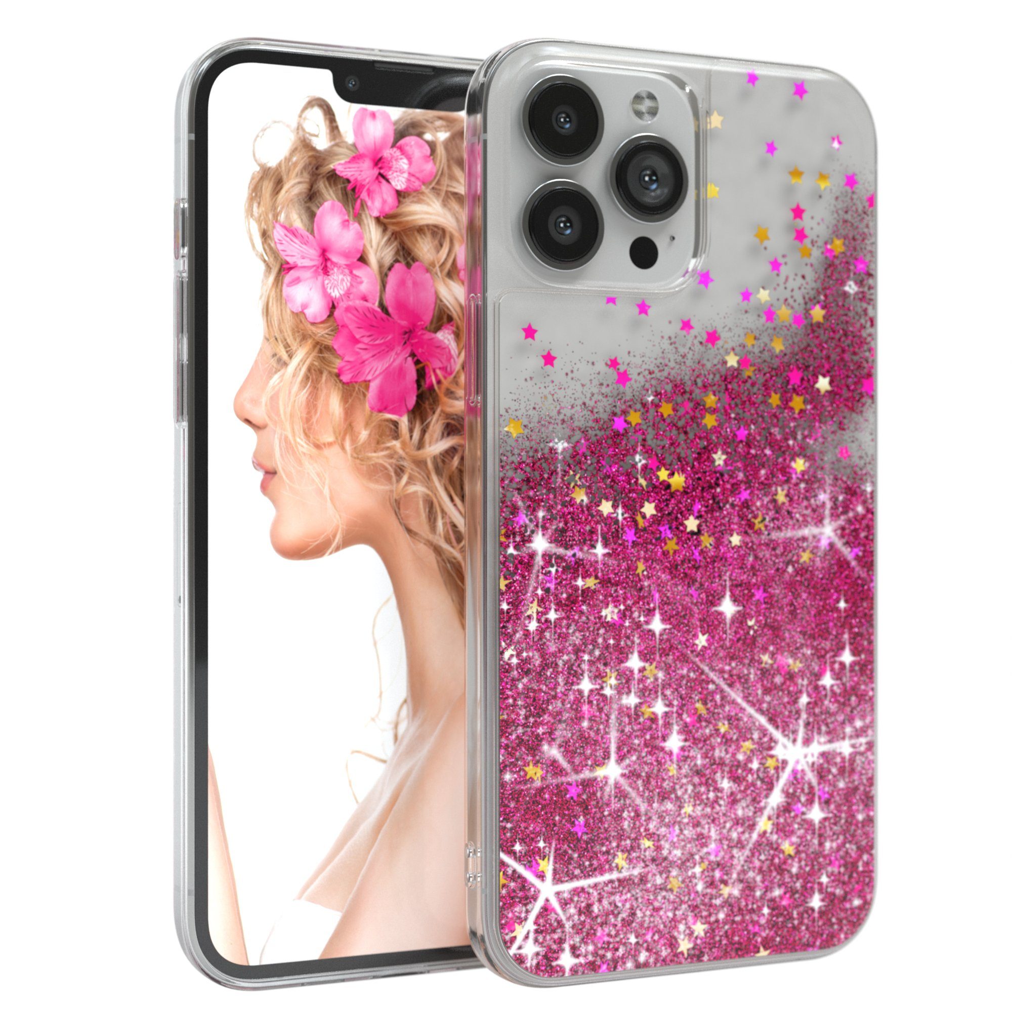 EAZY CASE Handyhülle Liquid Glittery Case für Apple iPhone 13 Pro Max 6,7 Zoll, Glitzerhülle Shiny Slimcover stoßfest Durchsichtig Bumper Case Pink
