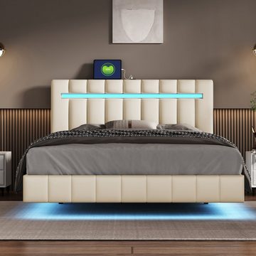 REDOM Polsterbett mit LED-Leuchten und Kopfteildesign, gepolsterter Schwebebettrahmen (flächiges Doppelbett-Gästebett in hautfreundlichem Leinen, 140 x 200cm), ohne Matratze, 140x200 cm