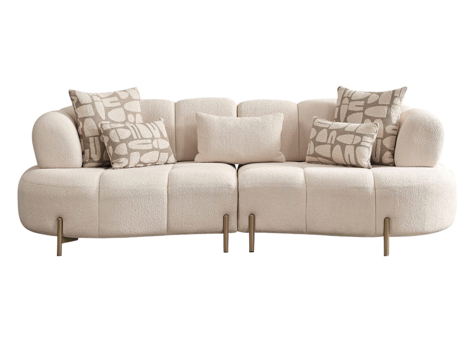 Villa Möbel Sofa Vega, Sofa 1 Teile, Schlingenstoff in Creme goldene Füße rundes Design hoher Komfort