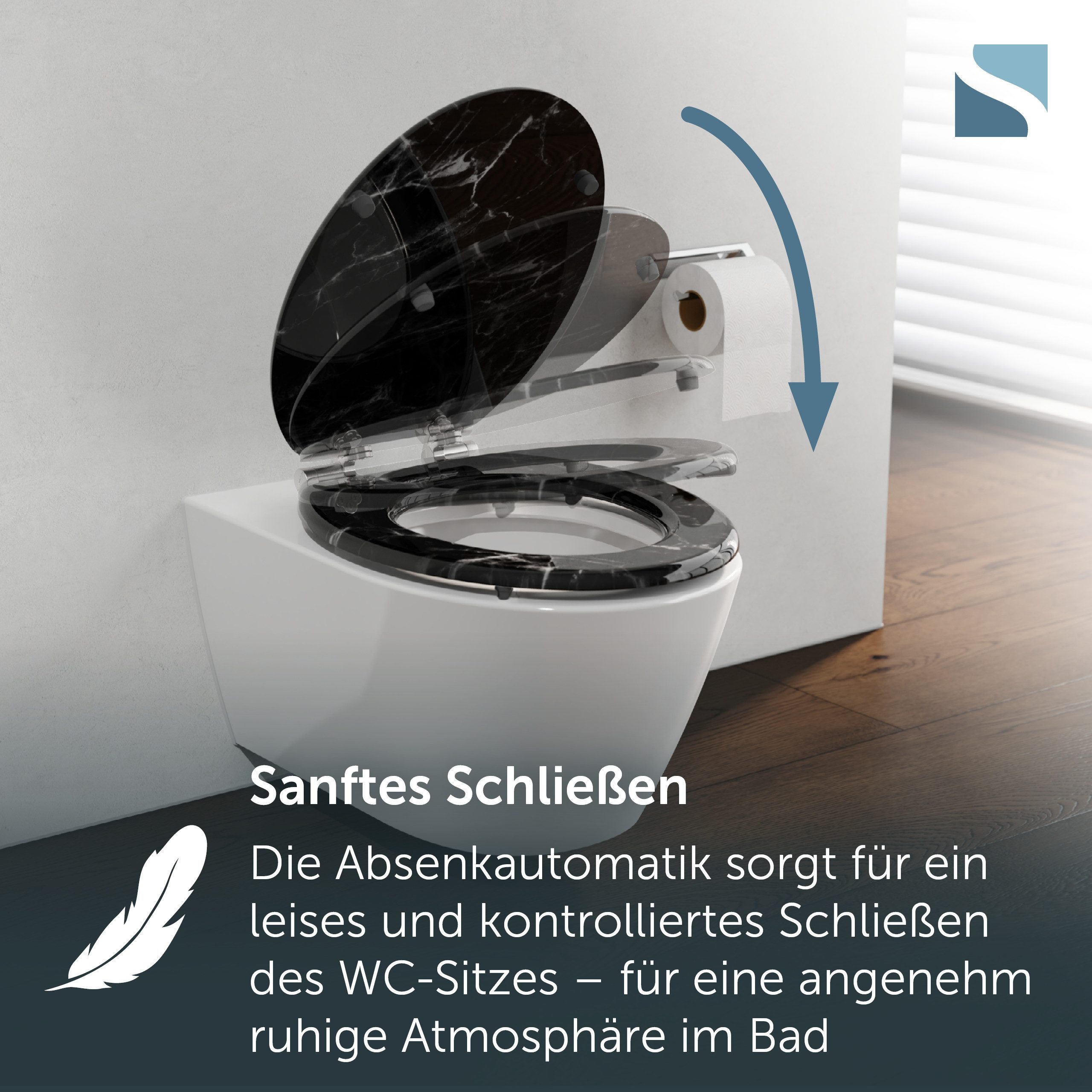 Schütte WC-Sitz MARMOR BLACK, Toilettendeckel, Absenkautomatik, stabiles MDF, O-Form, Motiv, 175kg