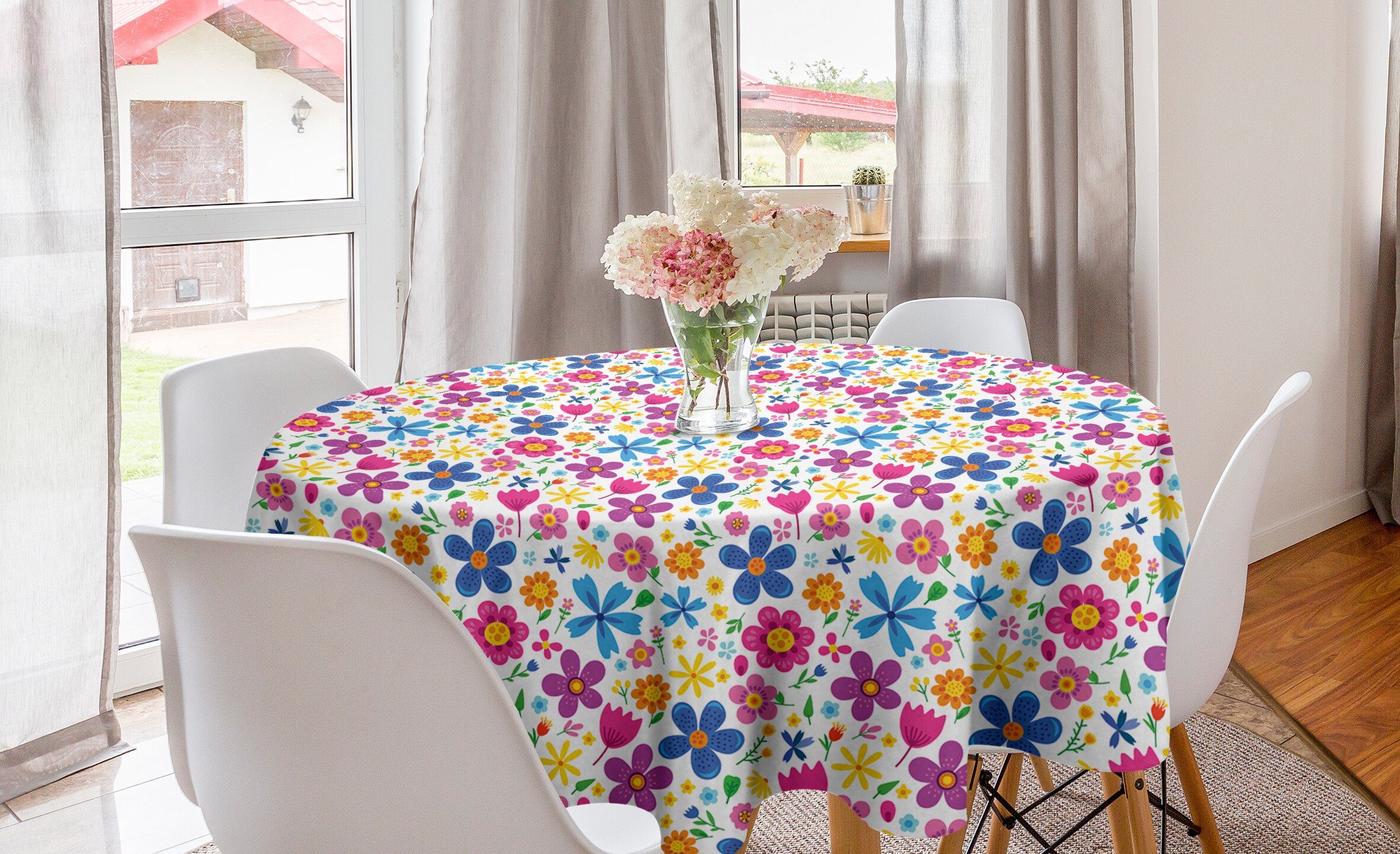 Abakuhaus Tischdecke Kreis Tischdecke Abdeckung für Esszimmer Küche Dekoration, Blumen Lustige Frühling Cartoon Blumen | Tischdecken