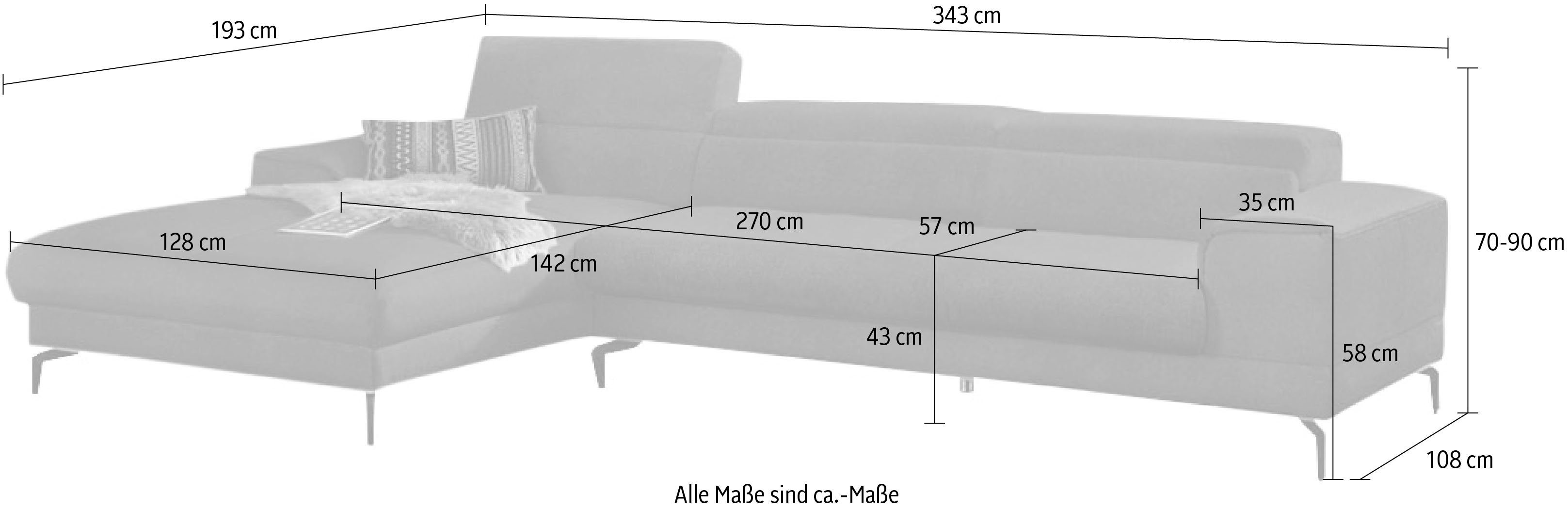 W.SCHILLIG Ecksofa piedroo, Designsofa mit tollem Sitzkomfort, bequem und elegant, L-Form, Kopfteilverstellung, wahlweise mit Sitztiefenverstellung, Breite 343cm