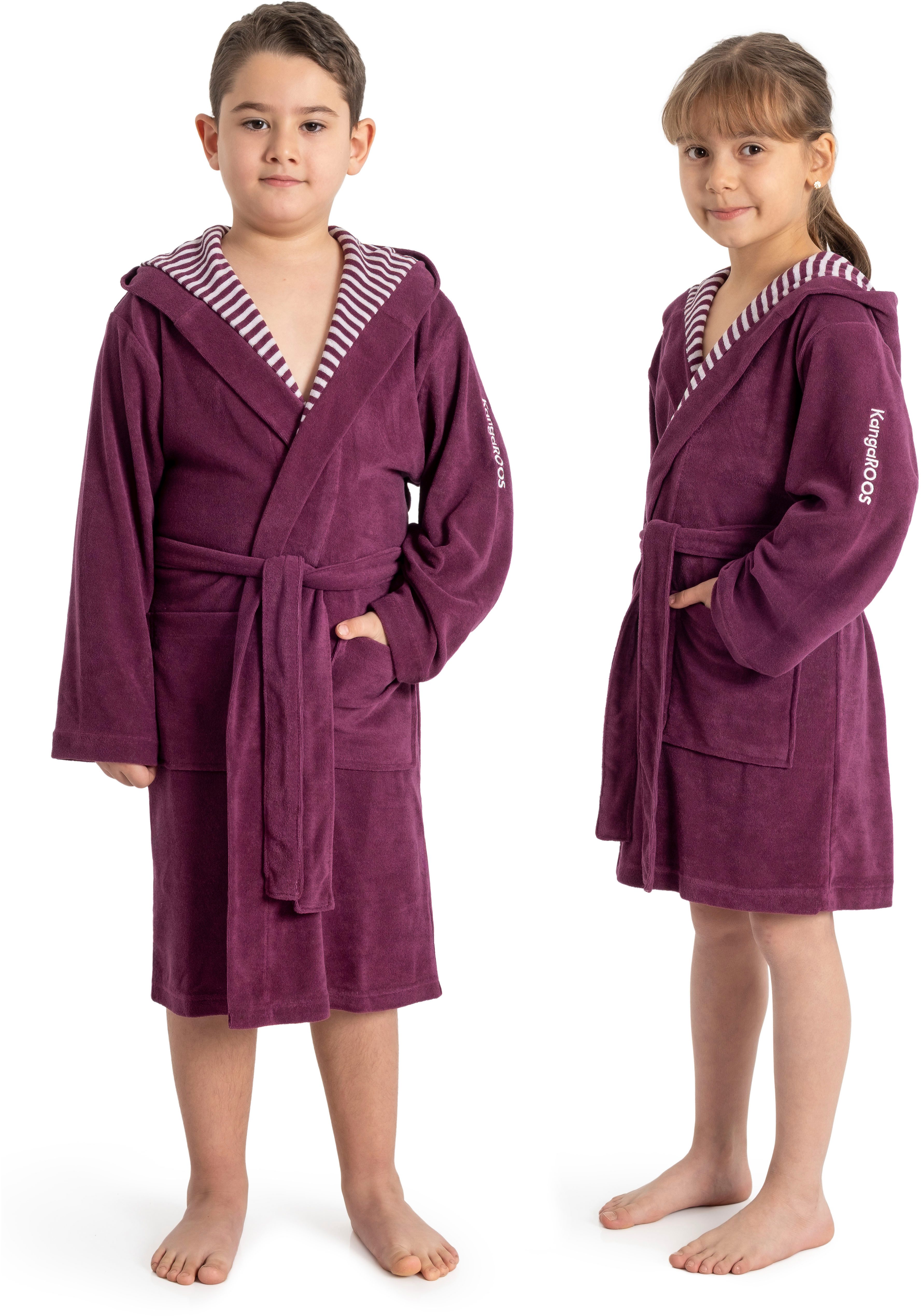 KangaROOS Kinderbademantel Dalia, Ideal für Zuhause, Schwimmbad oder im Urlaub, Langform, Veloursfrottier, Kapuze, Gürtel, Uni-Farben mit Streifen