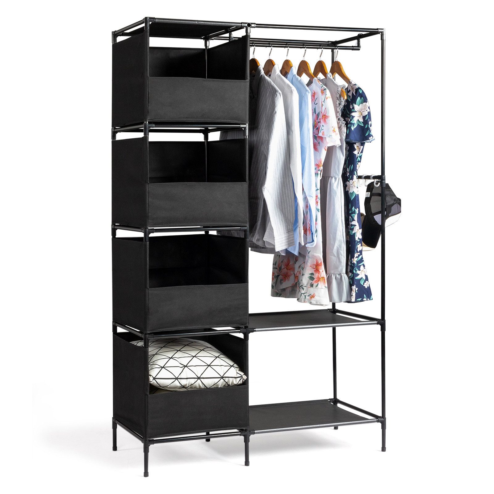 HT Stoffschrank Kleiderschrank aus Vliesstoff, 170x102x42,5cm 4-stufiger zweireihiger Hängeschrank mit Vorhängen und Ablagefächern