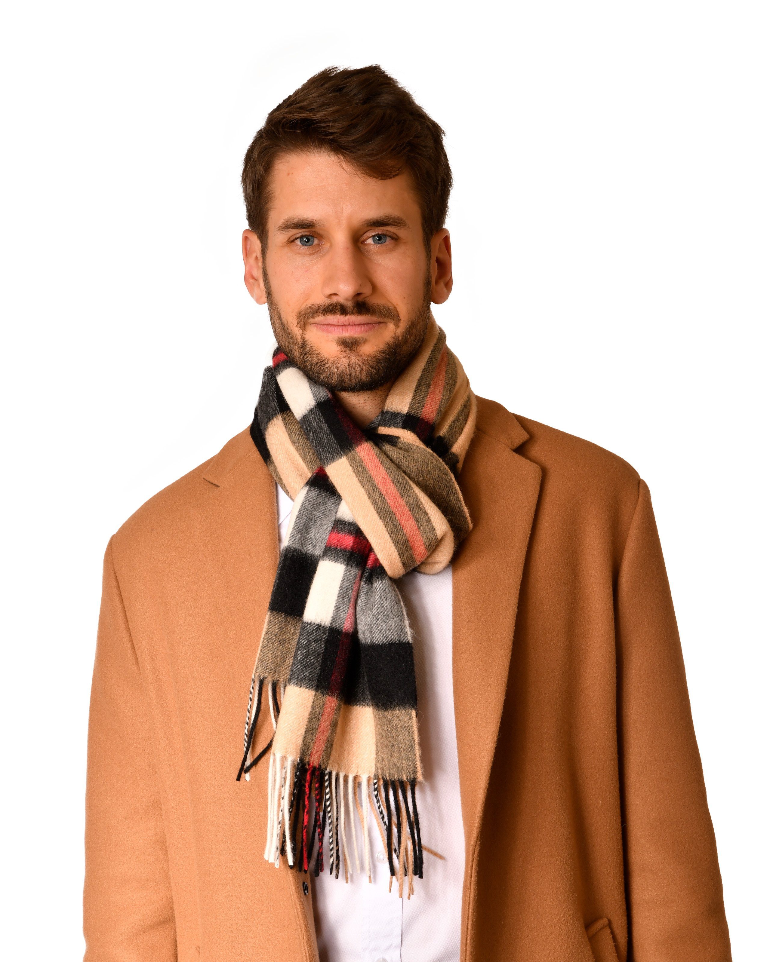 MayTree Kaschmirschal Unisex, 180 x 30cm, mit Fransen, kariert Tartan Camel rot, (Stück, 1-St), 100% Kaschmir